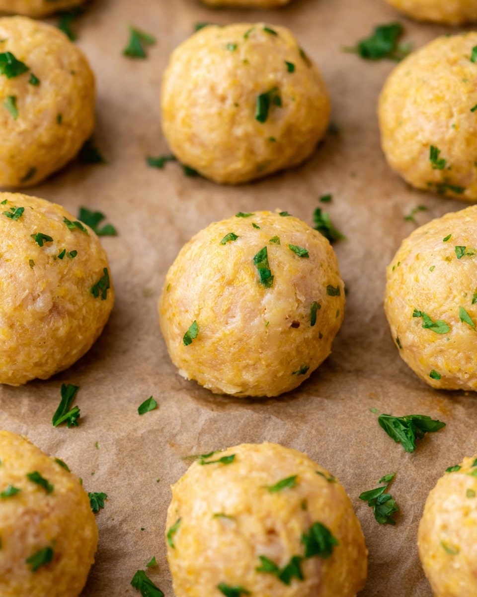 The image shows a close-up of round, golden-brown baked balls arranged in rows on brown parchment paper. Each ball has a slightly rough texture with small green parsley pieces sprinkled on top, adding a pop of color against the warm, light brown surface. The background is a white marbled texture that subtly contrasts with the balls. photo taken with an iphone --ar 4:5 --v 7