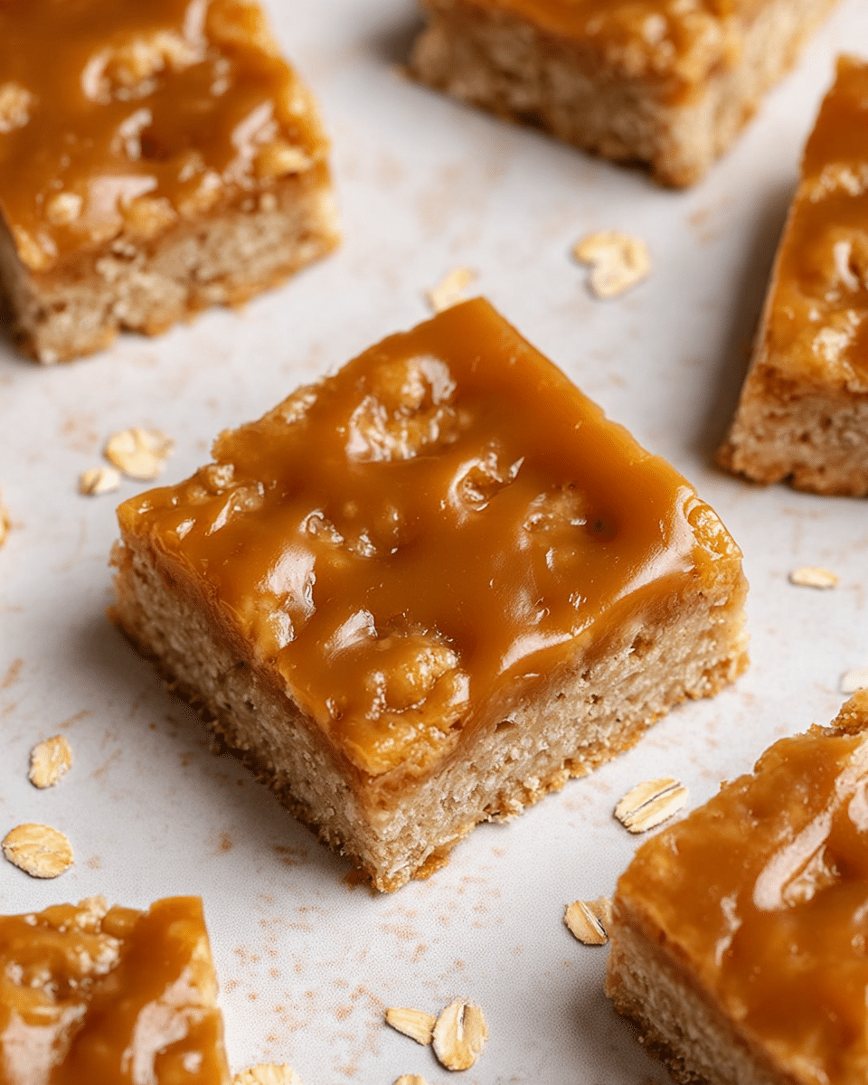 The image shows a close-up of square oatmeal caramel bars placed on a white marbled surface. Each bar has two visible layers: the bottom layer is a dense, light beige oat crust with a slightly crumbly texture, and the top layer is a shiny, thick caramel glaze that covers the surface unevenly, exposing parts of the oat crust beneath. Some loose oat flakes are scattered around the bars on the white marbled surface. The bars have a sticky and glossy look, highlighting the caramel layer texture. photo taken with an iphone --ar 4:5 --v 7