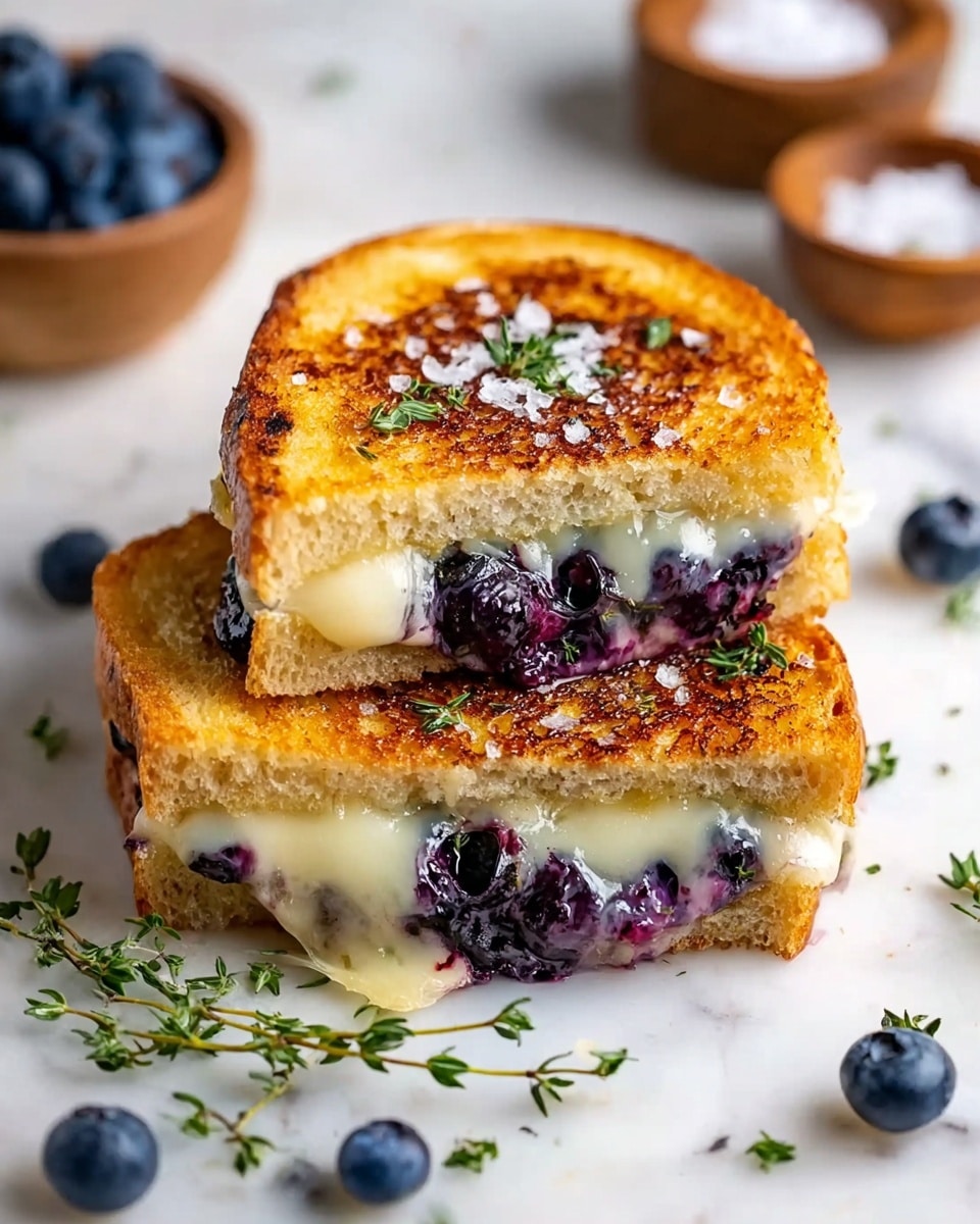 The image shows a grilled sandwich cut in half on a white marbled surface, with the top half slightly tilted to reveal its melted cheese and juicy blueberry filling inside. The sandwich has two golden brown, crispy toasted bread slices layered with creamy white melted cheese in the center, and dark purple blueberries peeking out at the edges. The top slice of bread is sprinkled with large white salt crystals and small green thyme sprigs. Around the sandwich, there are scattered fresh blueberries and thyme sprigs, with small wooden bowls holding more blueberries and salt in the blurred background. Photo taken with an iphone --ar 4:5 --v 7