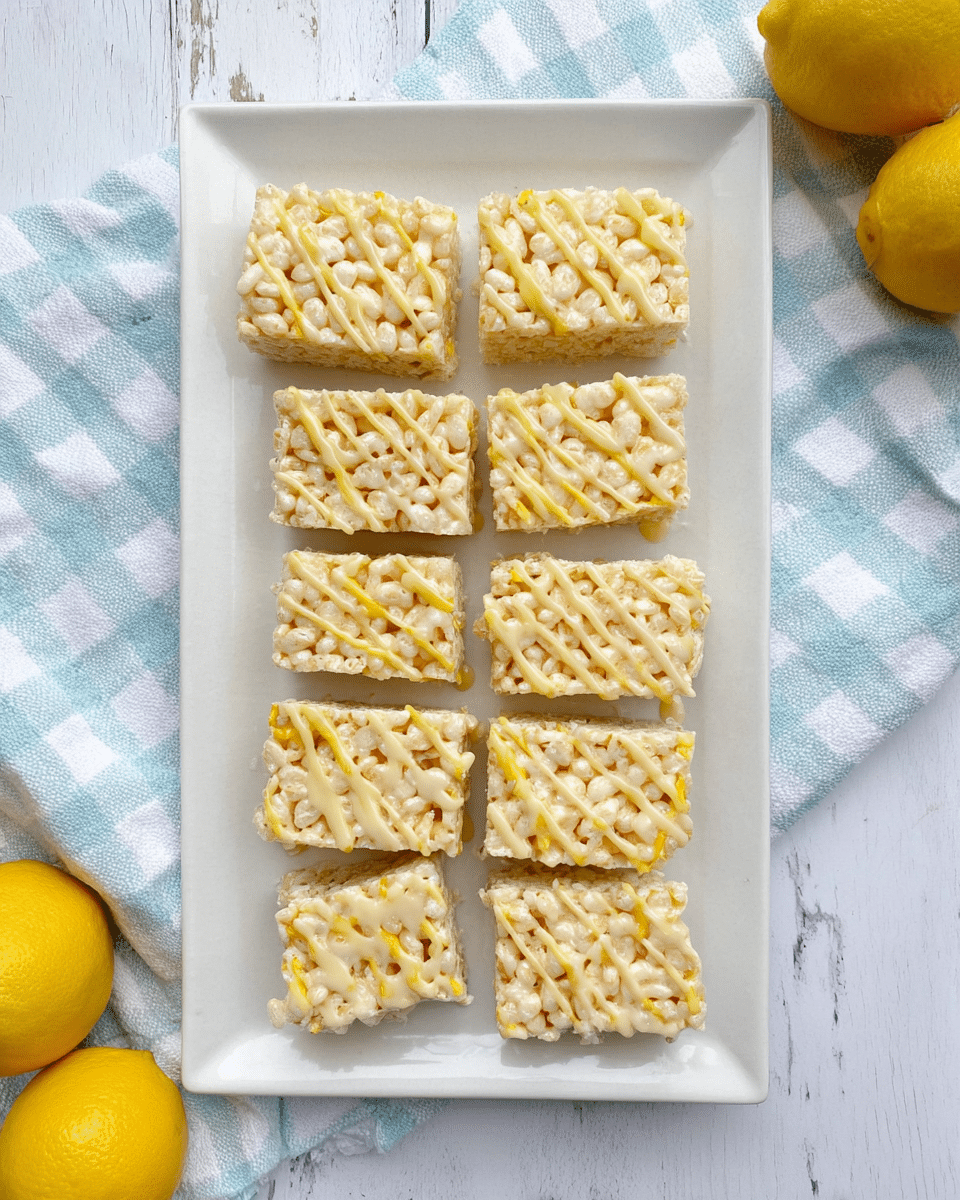 A stack of four square crispy rice treats sit centered on a white plate, each layer light golden with a slightly rough, airy texture. White drizzle of creamy icing cascades unevenly down the sides of each treat, adding a glossy contrast, while small yellow zest pieces decorate the top of every square, adding a fresh pop of color. A fifth treat lies in front, slightly separated, partially cropped by the photo edge. The background is a white marbled surface with a bright, clean look, and a fresh lemon is blurred in the background to the right. Photo taken with an iphone --ar 4:5 --v 7