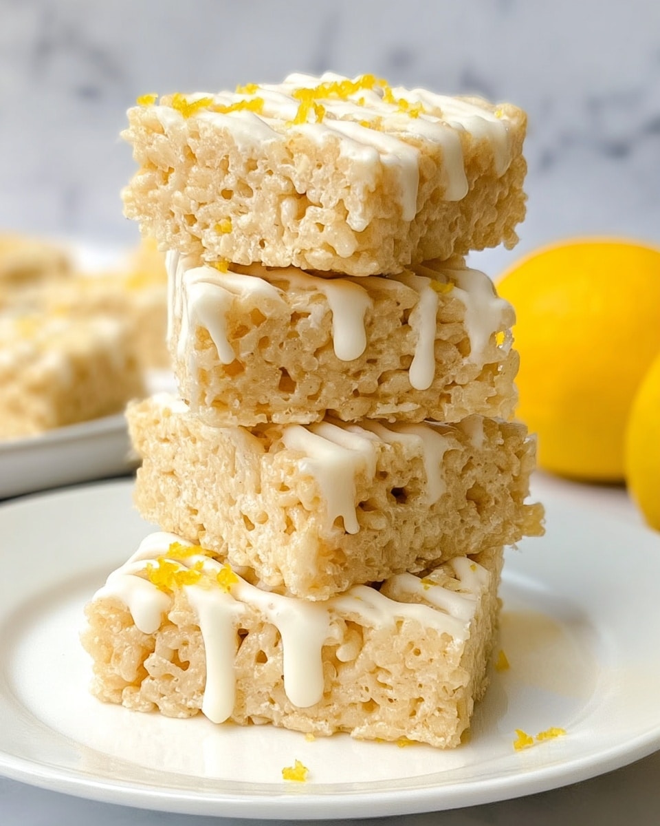 Eight rectangular rice crispy treats are arranged in two vertical columns on a large white rectangular plate. Each treat is pale yellow with visible puffed rice texture, and they are drizzled with a light yellow glaze, which adds a slightly glossy and smooth layer on top. The plate sits on a soft blue and white checkered cloth atop a white marbled surface. Two whole lemons are partially visible on both sides of the plate, adding a pop of bright yellow color to the background. photo taken with an iphone --ar 4:5 --v 7
