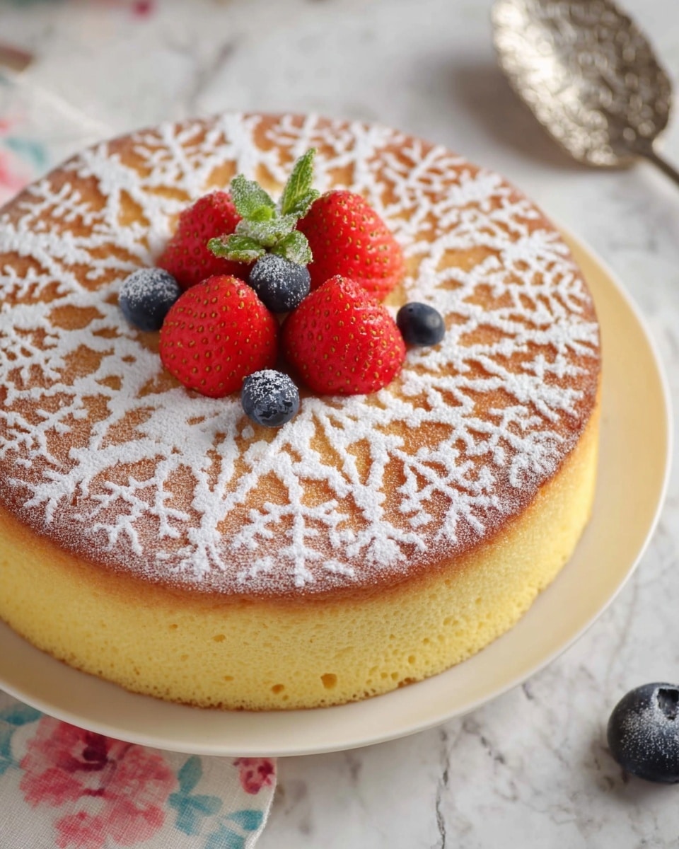 A round layered cake with a golden-brown top dusted with powdered sugar in a snowflake pattern covers the surface almost to the edge, revealing a light yellow sponge underneath. On the top center, there are three large red strawberries with green leaves and several small dark blue blueberries arranged in a small cluster. The cake sits on a white plate with a soft floral pattern on the edge, placed on a white marbled tabletop. A silver, ornate spoon and a single blueberry are partially visible to the right side. photo taken with an iphone --ar 4:5 --v 7