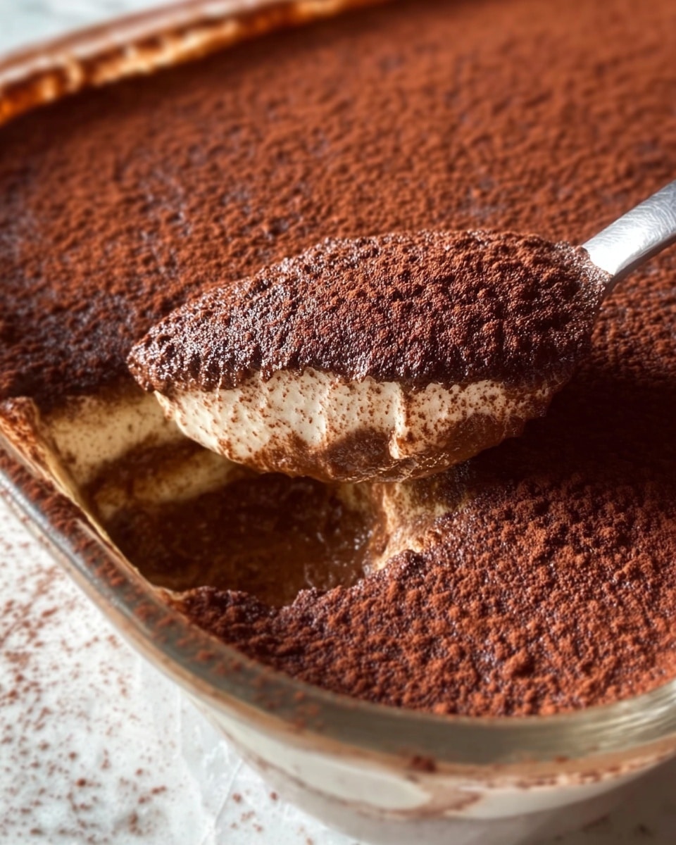 A close-up view of a square glass dish showing a three-layer dessert held by a woman's hand. The bottom layer is creamy beige with visible tapioca pearls, the middle layer is a darker, smooth brown layer that looks like chocolate or coffee, and the top layer is a fine dusting of dark cocoa powder spread unevenly across the surface, with some powder clinging to the dish edges. The background features a white marbled texture with blurred kitchen cabinets and some greenery. photo taken with an iphone --ar 4:5 --v 7