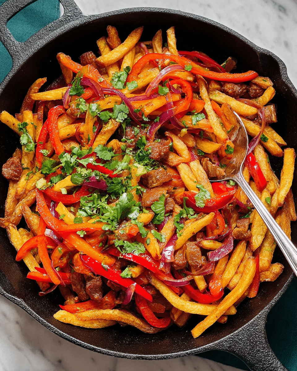 A black cast iron pan filled with a colorful mix of golden-brown fried potato sticks as the base layer, topped with bright red and orange bell pepper strips and thin slices of reddish-purple onions, creating a vibrant and textured middle layer. Scattered throughout are small pieces of browned, crispy meat. Fresh green cilantro leaves are sprinkled on top, adding a fresh, leafy contrast. A silver spoon rests in the pan, ready to serve. The pan sits on a white marbled surface. Photo taken with an iphone --ar 4:5 --v 7
