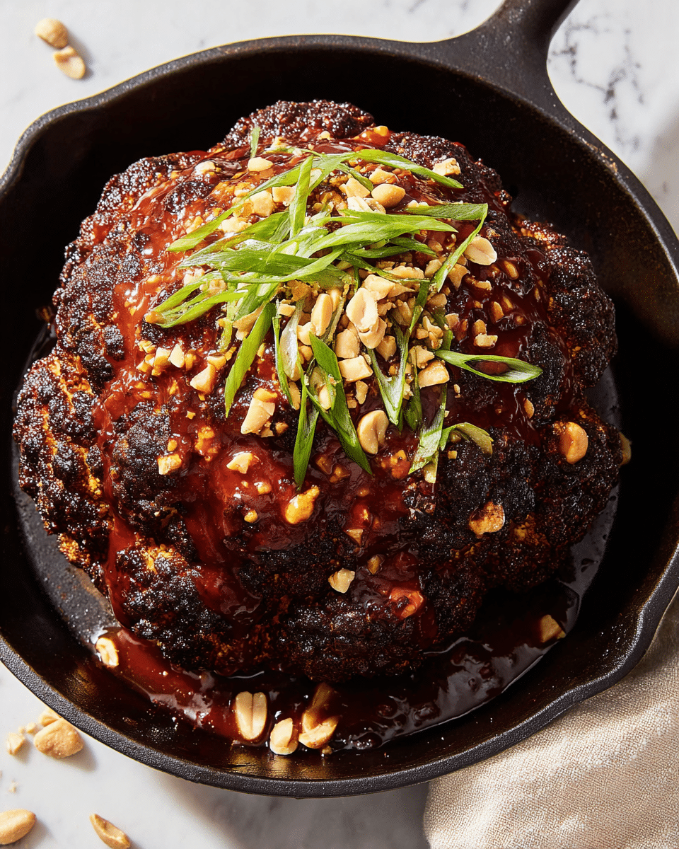 A whole roasted cauliflower with a dark caramelized crust sits in a black cast iron skillet. The top is covered with a thick, glossy, reddish-brown sauce that drips slightly onto the skillet's sides. Bright green slices of fresh scallions are scattered over the top, along with chunks of light tan peanuts. The cauliflower's texture is rough and charred, while the sauce looks sticky and rich. The skillet rests on a white marbled surface with some peanuts scattered around, and a beige cloth is partially visible to the right. Photo taken with an iphone --ar 4:5 --v 7