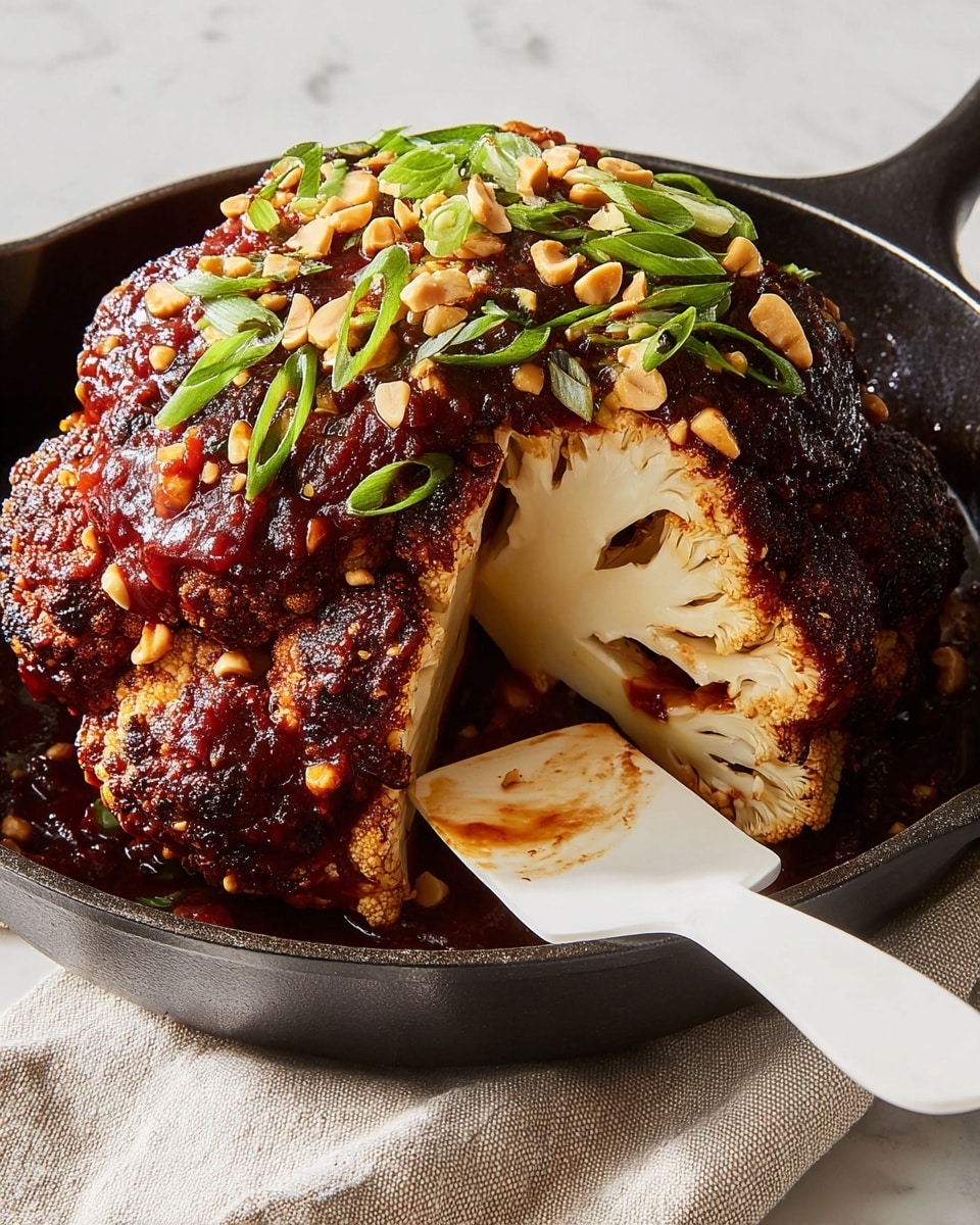 A roasted whole cauliflower sits in a black cast iron pan, with the top browned and slightly charred, covered in a thick, dark red sauce. The cauliflower shows visible white florets and layers inside where a wedge has been lifted with a white spatula, revealing its creamy texture beneath the sauce. The top is sprinkled with bright green sliced scallions and small crunchy tan peanuts, adding pops of color and texture. The pan rests on a white marbled surface with a light beige cloth nearby. photo taken with an iphone --ar 4:5 --v 7
