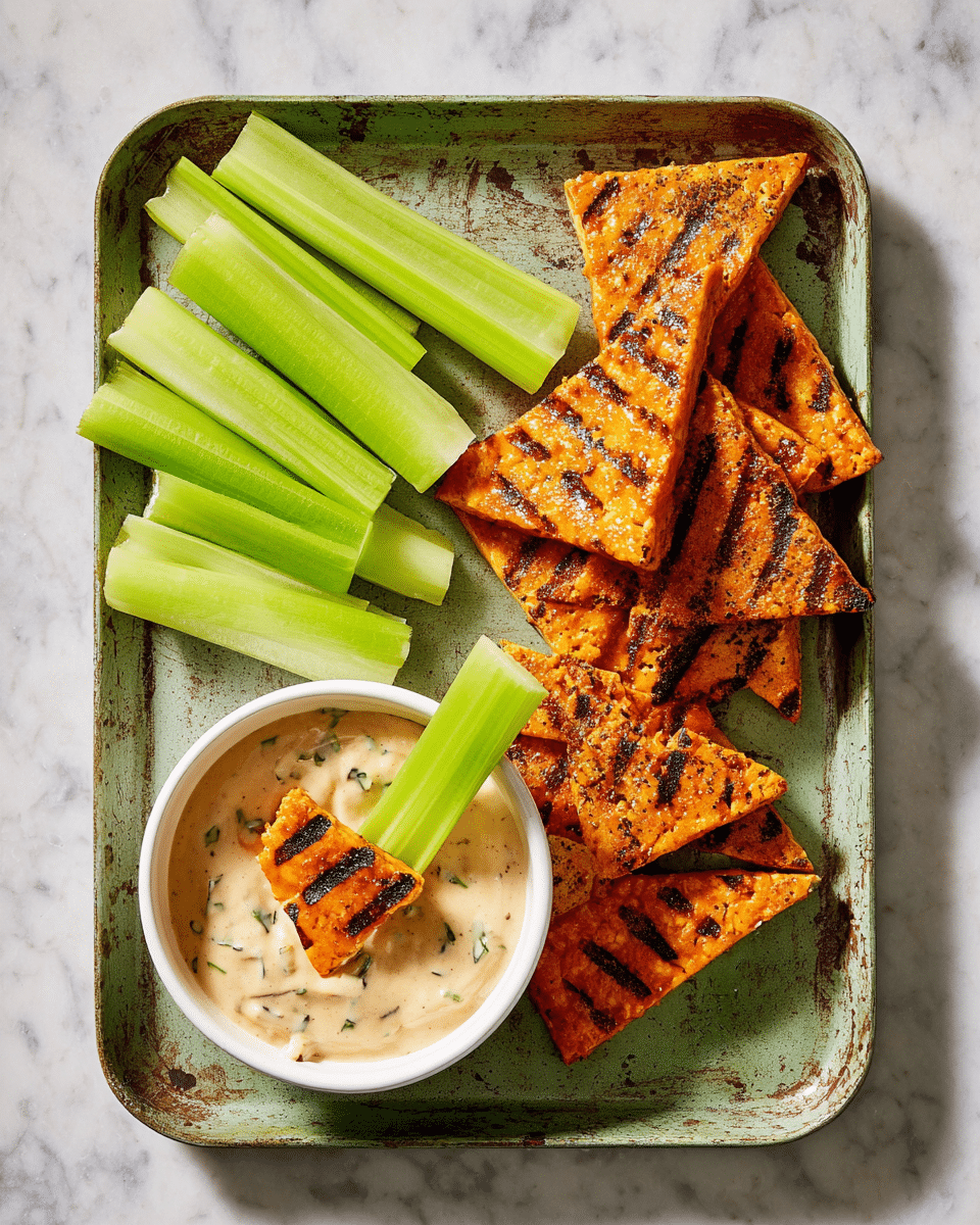A white bowl in the lower left holds creamy, beige dipping sauce with small herb specks, and a light green celery stick dipped into it. Next to the bowl on the right, a pile of grilled triangular tempeh pieces with bright orange glaze and black grill marks sits on a worn, metal tray. One tempeh piece is separated to the left of the pile with some sauce on top. In the top left corner, several celery sticks with a light green color lay parallel on the tray. The whole scene is set on a white marbled surface. photo taken with an iphone --ar 4:5 --v 7