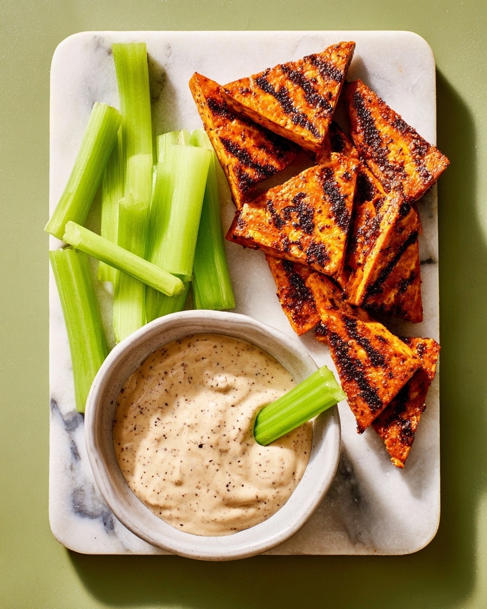 A white bowl filled with creamy, speckled light beige dipping sauce with a celery stick dipped inside, placed on a white marbled surface next to a group of bright orange triangular, grilled tempeh pieces with dark grill marks stacked closely together. To the left, several fresh green celery sticks lie above a single tempeh triangle partially covered in the creamy sauce. The overall look is warm and appetizing with the grilled texture visible on the tempeh, all on a white marbled background. Photo taken with an iphone --ar 4:5 --v 7