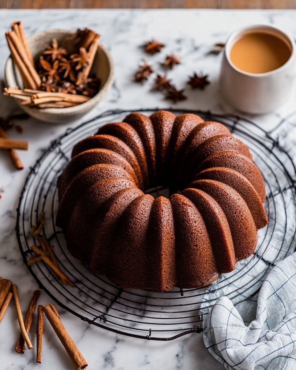 A round bundt cake with a rich brown crust is placed on a large white marble plate, cut into several thick slices showing a light brown, dense crumb inside. One slice is removed and rests decently on the plate. To the right, a white plate holds a single slice topped with light brown caramel drizzle, with a silver fork stuck into it. A blue and white checkered cloth is partly under the plate. Above the cake, small white and dark bowls with cinnamon sticks and star anise spices sit on a wooden surface, which is changed to a white marbled texture. Photo taken with an iphone --ar 4:5 --v 7