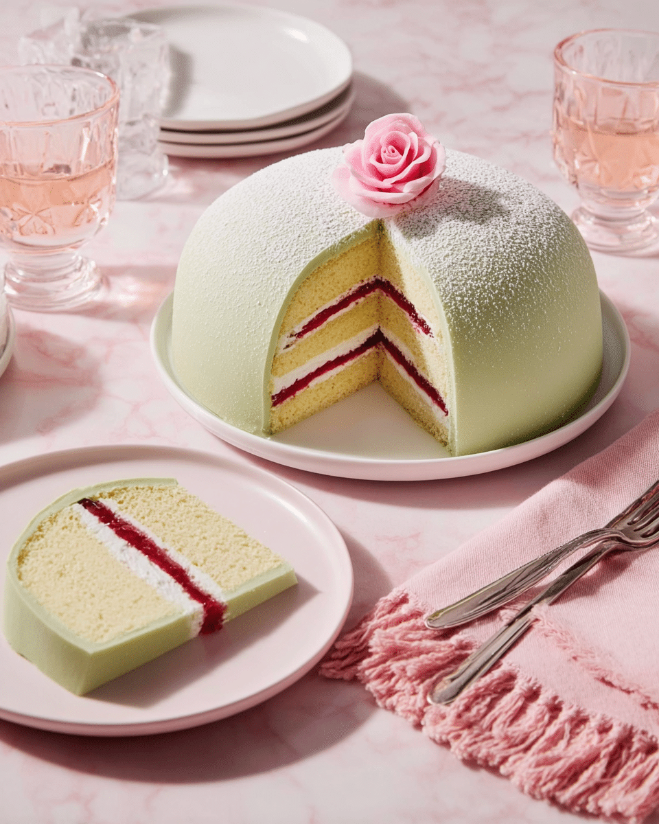 A round, dome-shaped cake covered in smooth, light green fondant dusted with powdered sugar sits on a white plate. The cake is cut to show three yellow sponge layers separated by two thin bright red jelly layers and white cream filling. On top of the cake, a small pink rose decoration is placed at the center. A single slice of the cake is served on a white plate to the right, with a silver fork beside it. The scene is set on a soft pink tablecloth with a fringed pink napkin partially visible, and clear glassware and extra white plates surround the cake on a white marbled surface. Photo taken with an iphone --ar 4:5 --v 7