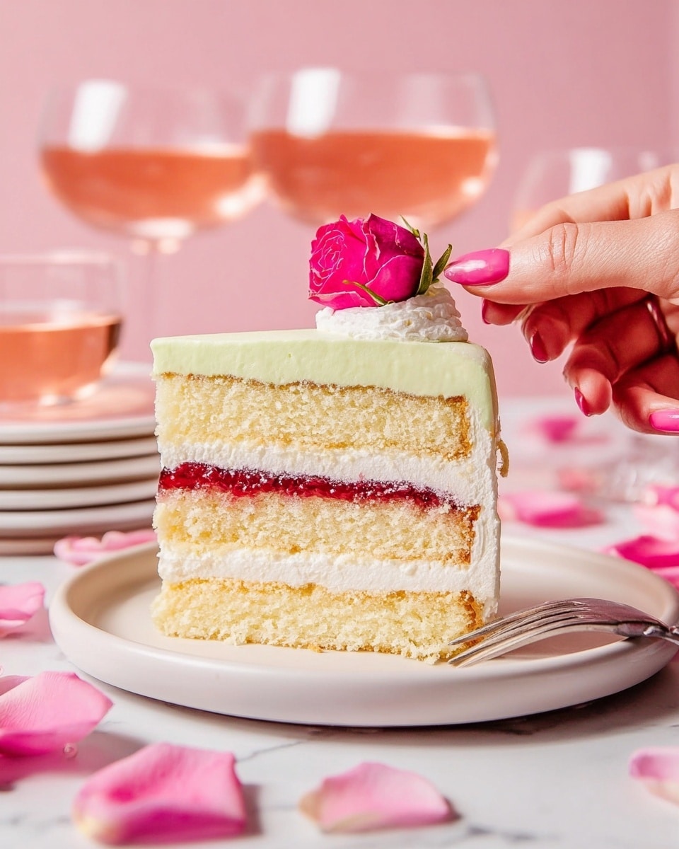 A slice of layered cake sits on a white plate with a silver fork beside it. The cake has four visible layers: a bottom layer of light yellow sponge cake, followed by a creamy pale yellow filling, a thin bright red jam layer, another light yellow sponge cake layer, a second creamy pale yellow filling with a second thin bright red jam layer above it, and a thick white whipped cream layer on top. The whole cake slice is covered with a smooth pale green outer frosting. A woman's hand with pink painted nails holds a small pink rose planted on top of the cake. The background is a soft pink with scattered pink rose petals and a few clear glasses filled with light pink liquid. Plates are stacked in the background on a white marbled surface. photo taken with an iphone --ar 4:5 --v 7