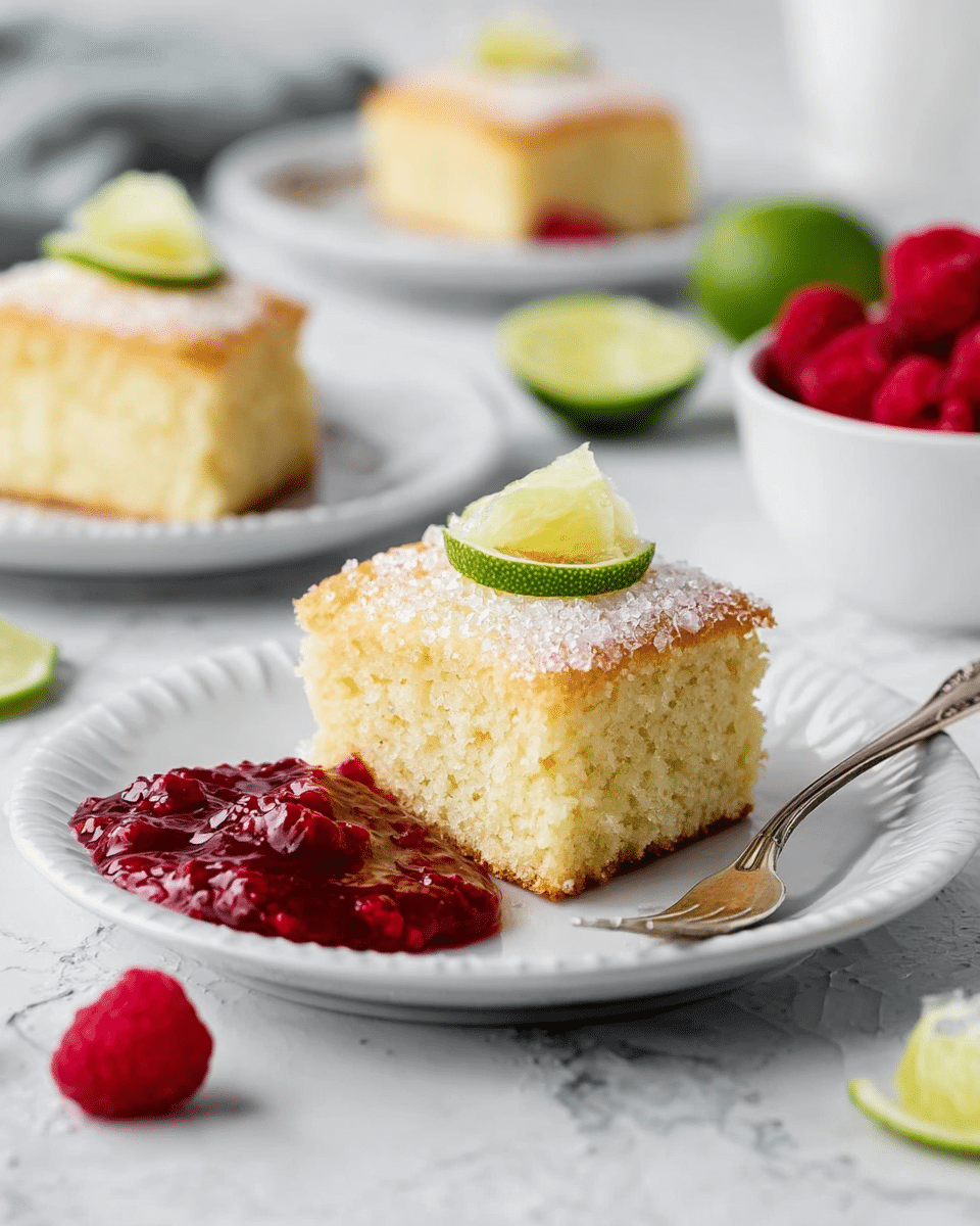 The image shows a square piece of light yellow cake with a soft, airy texture, topped with a thin slice of green lime and a sparkling layer of sugar crystals. The cake sits slightly off-center on a white plate with a scalloped edge. Next to the cake, on the left side of the plate, is a bright red raspberry sauce with visible seeds, giving it a thick and chunky appearance. A small silver fork with an ornate handle rests on the right side of the plate. In the blurred background, another similar plate with the same cake and sauce is visible along with a white bowl filled with fresh red raspberries. The setting is on a white marbled surface with some lime wedges scattered around for decoration. photo taken with an iphone --ar 4:5 --v 7