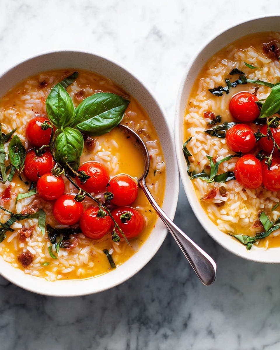 Two white bowls filled with a light orange broth and cooked white rice mixed with small pieces of onions and brown bits, topped with a cluster of bright red cherry tomatoes still on their green vine, and fresh green basil leaves scattered on top. A spoon is placed inside the left bowl. Both bowls are placed on a white marbled surface. photo taken with an iphone --ar 4:5 --v 7