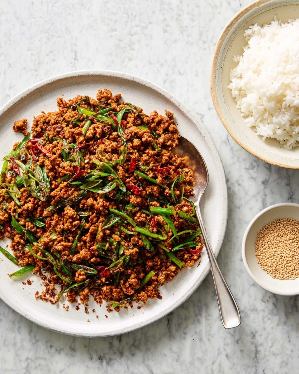 A white plate holds a dish made of small, cooked pieces of brown tofu mixed with dark orange spices, topped with many thin, bright green slices of green onion scattered across. Some white sesame seeds are sprinkled on top, adding a small speckled pattern. A silver spoon rests inside the plate on the right side, partly covered by the food. Next to this plate, on a white plate with grains, there is a bowl full of fluffy white rice, softly textured and slightly shiny. Above and between the plates, a small white bowl contains pale beige sesame seeds. The whole setting is on a white marbled surface. Photo taken with an iphone --ar 4:5 --v 7