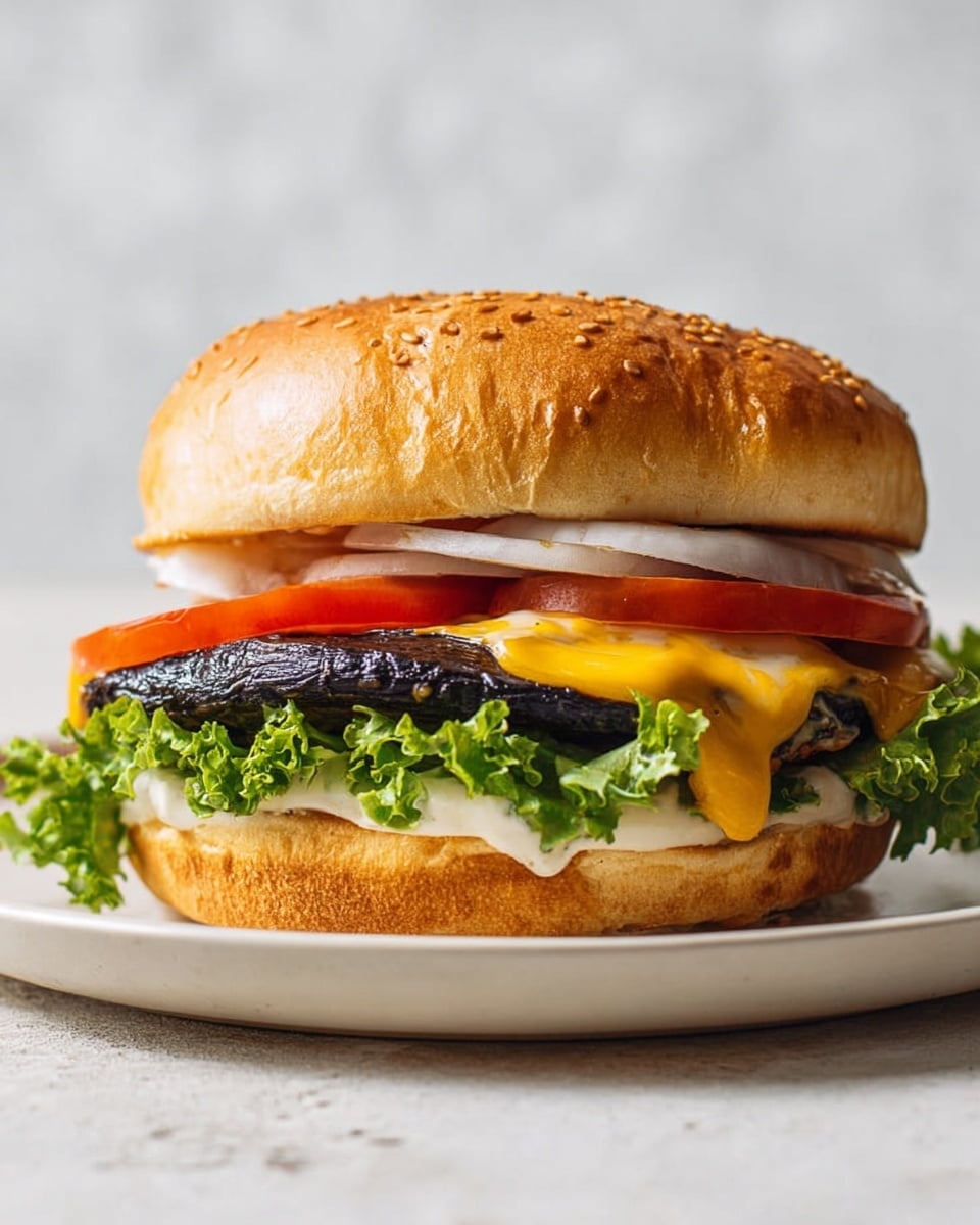 A close-up of a cheeseburger on a white plate with a white marbled texture background, showing five visible layers: a golden top sesame seed bun with mayonnaise spread underneath, a layer of thin white onion rings, two thick red tomato slices, fresh green curly lettuce, melted yellow cheddar cheese dripping over a dark grilled portobello mushroom, all resting on a soft golden bottom bun with a small smear of mayonnaise. Photo taken with an iphone --ar 4:5 --v 7