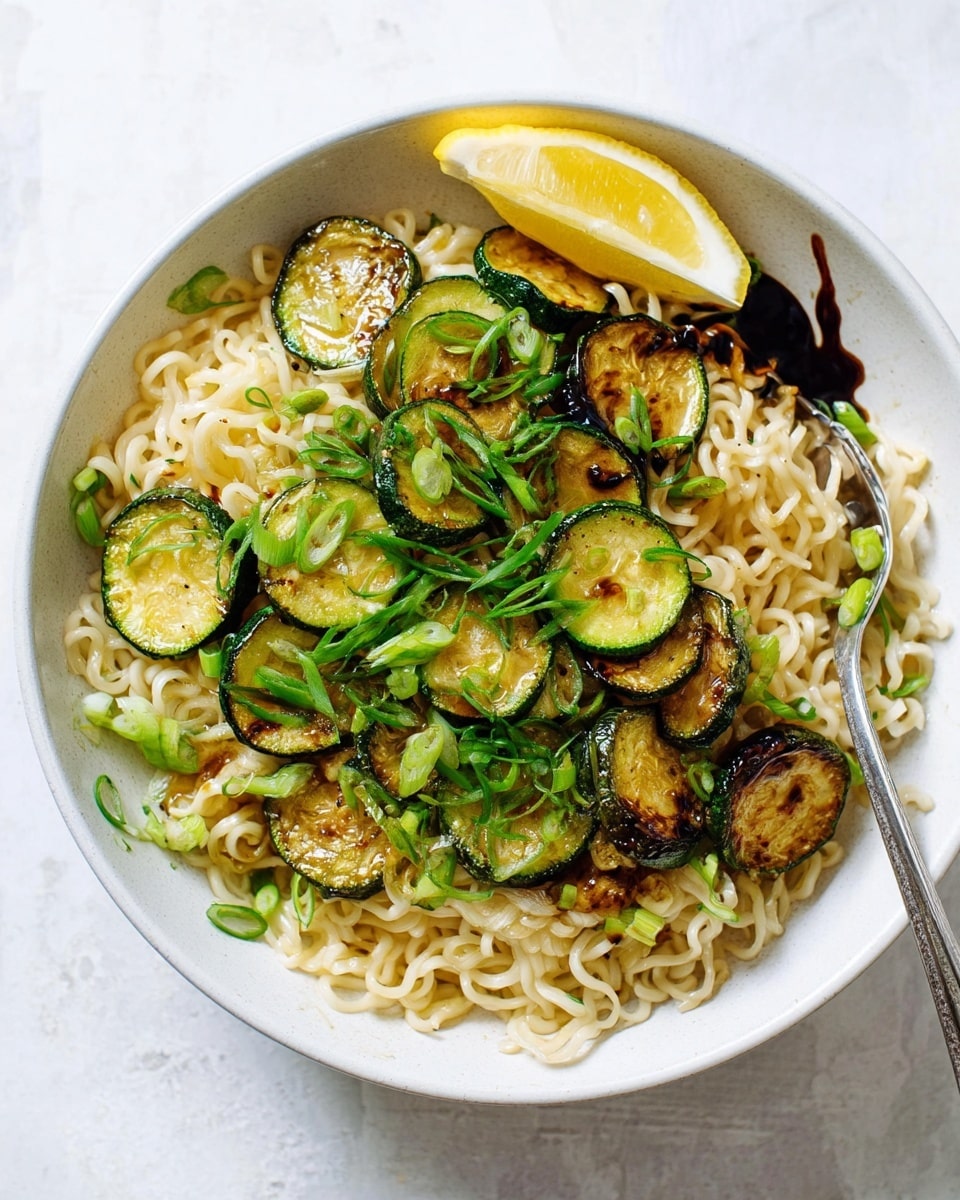 A white bowl filled with a layer of cooked curly noodles in pale yellow, topped with golden-brown, slightly charred zucchini slices scattered evenly around. Bright green chopped spring onions are sprinkled over the zucchini and noodles, adding a fresh contrast. A quarter of a lemon wedge sits on the edge of the bowl. There is a visible dark soy sauce pooled on one side, mixing a bit with the noodles. The bowl rests on a white marbled surface, and a silver fork is placed inside the bowl. Photo taken with an iphone --ar 4:5 --v 7