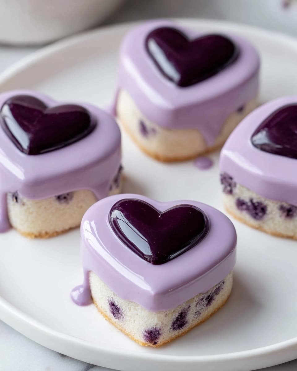 Four heart-shaped desserts sit on a white plate with a smooth edge, placed on a white marbled surface. Each dessert has two layers: a pale yellow bottom sponge layer and a thick, smooth, glossy lavender purple layer on top that covers the sponge completely. The top layer is decorated with a small, shiny, dark purple heart in the center, and there are tiny purple specks scattered on the lavender surface. The overall look is neat and delicate. photo taken with an iphone --ar 4:5 --v 7