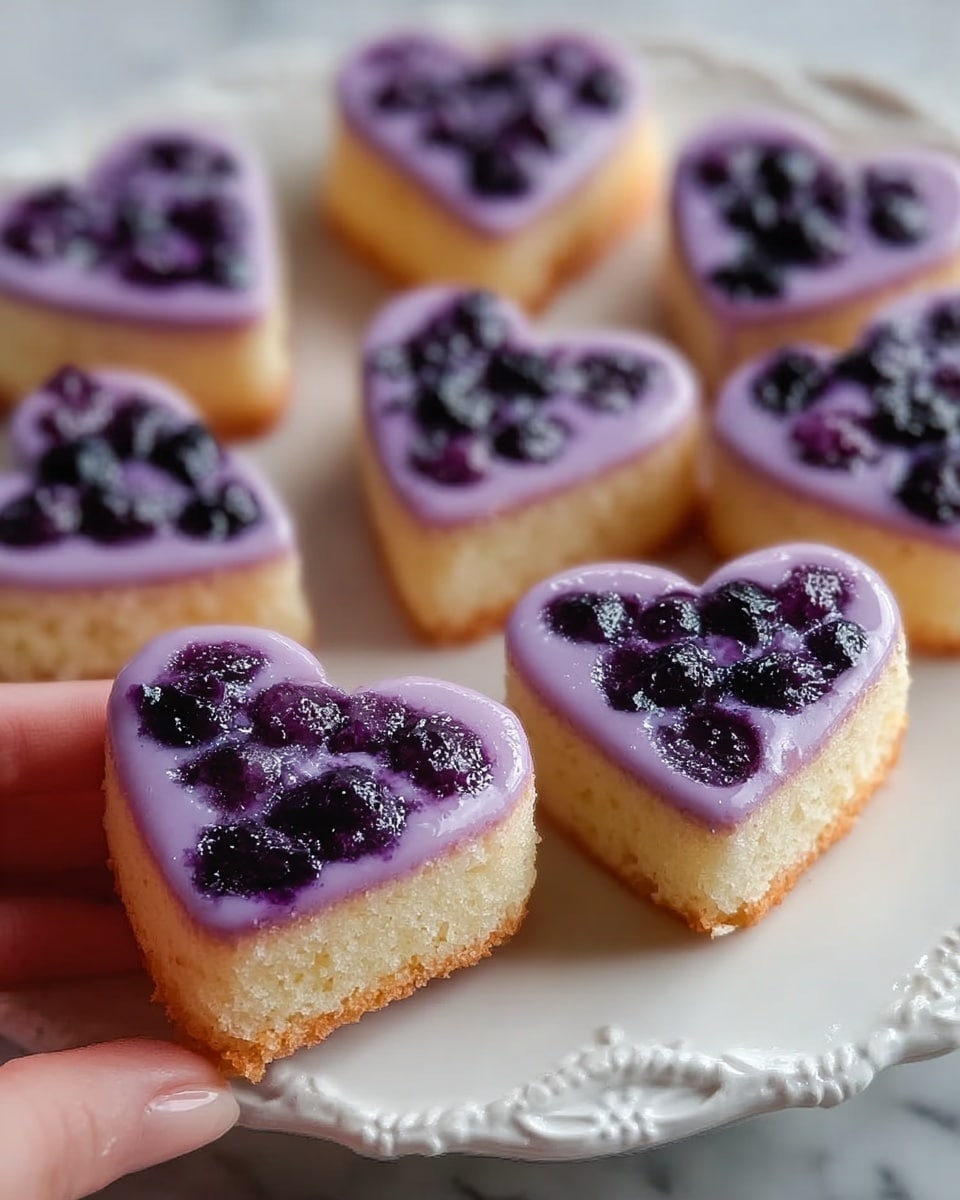 The image shows several small heart-shaped cakes arranged on a white plate with ornate edges. Each cake has a golden-brown base layer with a soft, spongy texture. On top, there is a smooth, glossy purple layer that covers the upper surface in an even spread. Dark purple fruit pieces are embedded within the purple layer, creating a textured and slightly uneven appearance on top. The plate is set on a white marbled surface, and there is a woman's hand gently holding one of the cakes from the side. Photo taken with an iphone --ar 4:5 --v 7