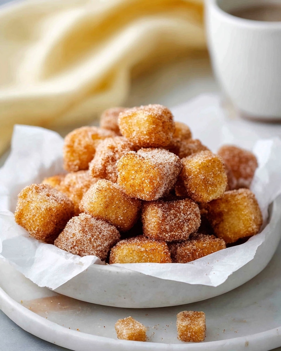 The image shows a pile of golden brown, small, square-shaped fried dough pieces covered in sugar and cinnamon, placed in a bowl lined with white paper on a white plate. There is a white cup filled with dark coffee on the right side of the plate, and a small cluster of the fried dough pieces scattered around the plate. In the background, there is a glass bottle filled with orange juice, a clear glass with ice water, and a yellow cloth, all set on a white marbled surface. The overall scene looks warm and inviting, perfect for breakfast or a snack. photo taken with an iphone --ar 4:5 --v 7