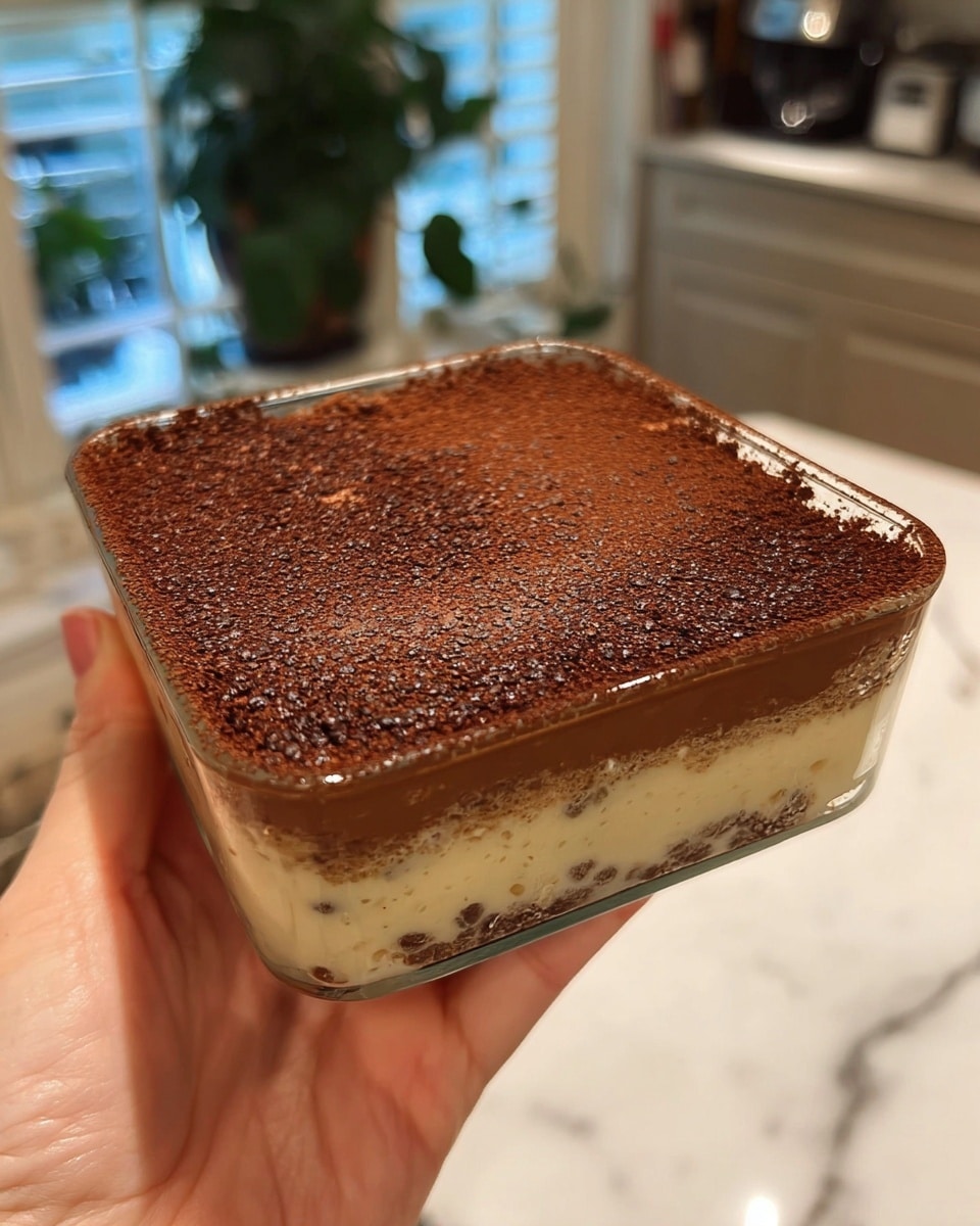 A close-up view of a creamy dessert with a dark brown layer of cocoa powder dusted evenly on top. A spoon lifts a thick, smooth scoop from the dessert, revealing light beige creamy layers beneath the cocoa powder. The dessert is inside a clear glass dish, and the background is a white marbled texture. The edges of the dessert have slight melting or condensation, adding to its rich, moist appearance. photo taken with an iphone --ar 4:5 --v 7