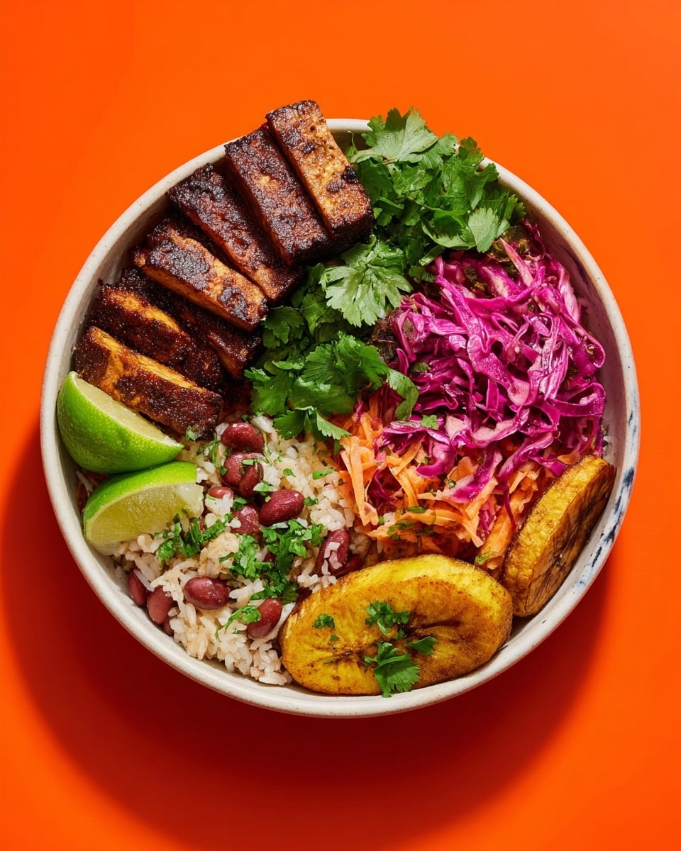A white bowl contains a colorful layered dish with four main sections. On the top left, there are five thick slices of dark brown grilled tofu stacked leaning against the bowl edge, garnished with fresh green cilantro leaves. Below them, there are two green lime wedges. On the bottom left, a layer of white rice mixed with red kidney beans and small green chopped herbs sits partly covered with more cilantro leaves. On the bottom right, golden-brown fried plantain slices create a curved layer, also topped with cilantro. On the top right, bright purple shredded cabbage mixed with thin orange carrot strips forms a fresh salad-like section, sprinkled with small green herbs. The bowl rests on a white marbled surface with a bright orange background. photo taken with an iphone --ar 4:5 --v 7