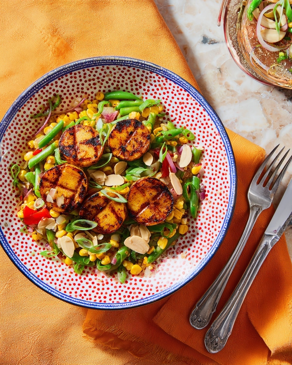 The dish is served in a round ceramic bowl with red dots and blue line patterns on the rim. The base layer is a mix of yellow corn kernels, chopped red bell peppers, green snow peas, and small white cubes, likely cheese or tofu. On top of this colorful vegetable layer are five round, golden-brown grilled slices, with slightly charred edges and grill marks. Scattered over everything are chopped almonds and sliced green onions, adding texture and a mix of light brown and bright green colors. The bowl sits on a white marbled surface, with a silver fork and knife placed on an orange cloth nearby. Photo taken with an iphone --ar 4:5 --v 7