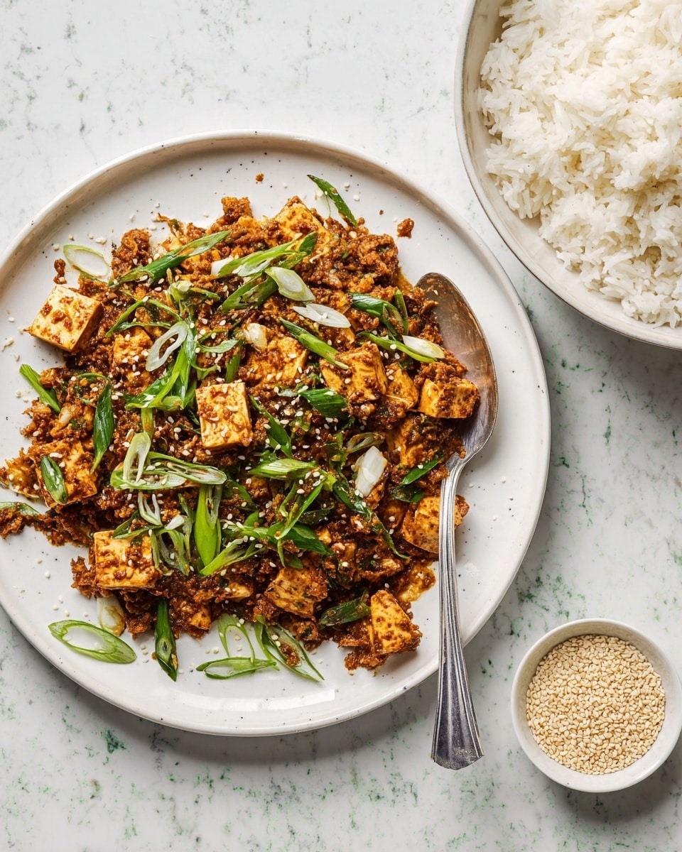 A large white round plate holds a cooked dish made of small brown bits that look like minced meat or tofu, mixed with red chili flakes and green sliced scallions scattered evenly on top, creating a fresh and spicy look. A silver spoon rests on the right side of the plate, partially under the food. To the right, there is a white bowl filled with fluffy white rice, showing the soft texture of the grains. Above the bowl is a small white round dish with a light brown sprinkle that looks like sesame seeds. The whole scene is set on a white marbled surface that adds a clean and bright feeling. Photo taken with an iphone --ar 4:5 --v 7