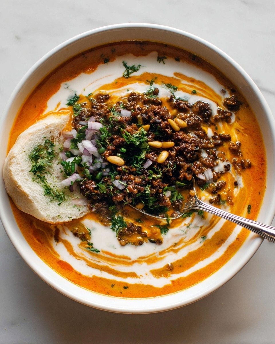 A white bowl filled with a thick orange curry base, swirled with white cream in circular patterns. On top, there is a layer of dark brown cooked minced meat mixed with light yellow pine nuts and sprinkled with green chopped herbs. Thin rings of pale purple onion are scattered around the meat layer. A piece of soft white bread with green herb garnish rests on one side inside the bowl. A silver spoon is placed on the right side, partly dipped into the curry. The bowl is resting on a white marbled surface. photo taken with an iphone --ar 4:5 --v 7