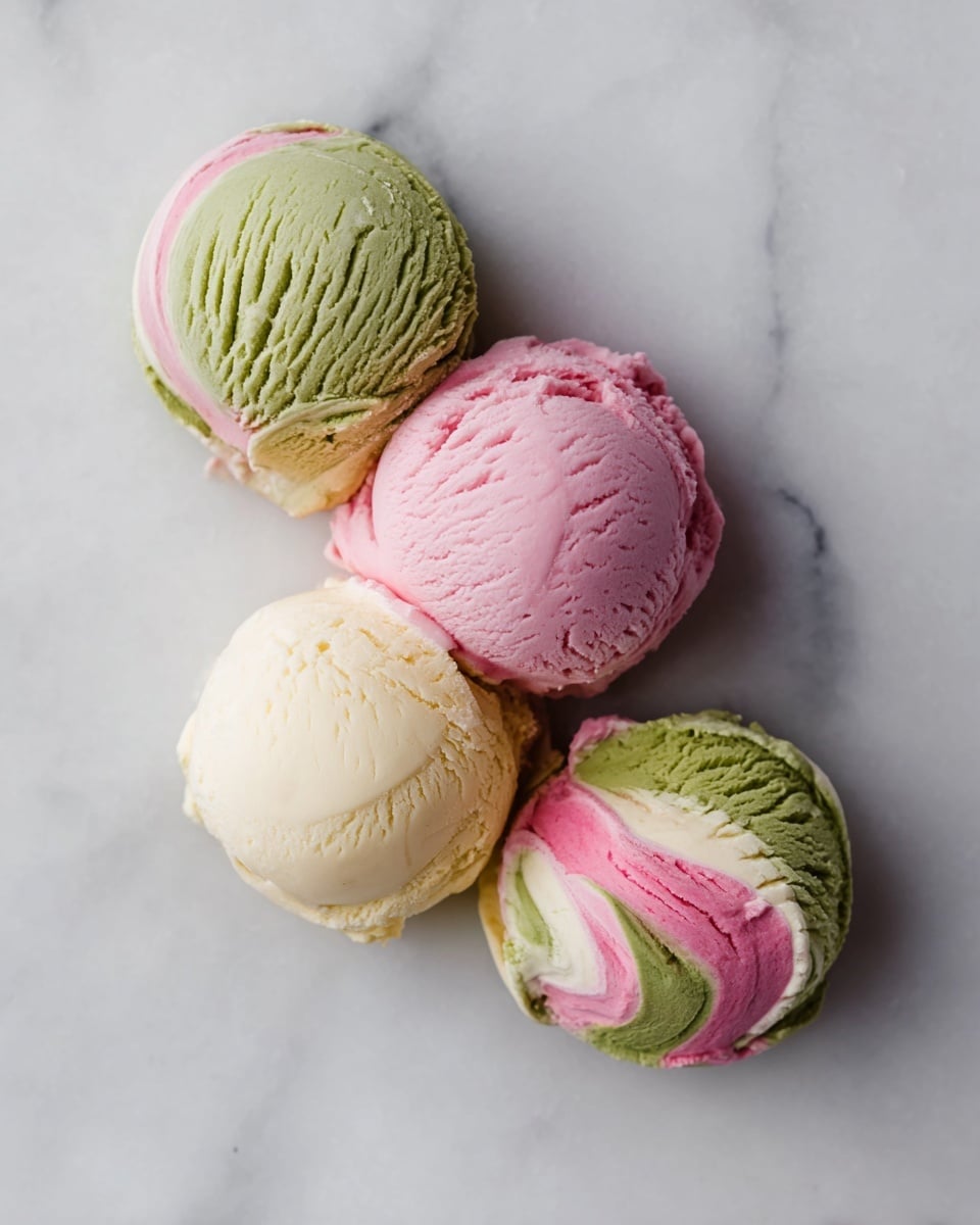The image shows four scoops of soft ice cream placed on a white marbled surface. Three single-color scoops are grouped together slightly touching each other with the pink scoop on top, green scoop to the left, and cream-colored scoop at the bottom right. A fourth scoop on the right side is a swirl mix of pink, green, and cream colors, blending smoothly in layers. The ice cream texture looks creamy and soft with visible swirled lines. Photo taken with an iphone --ar 4:5 --v 7