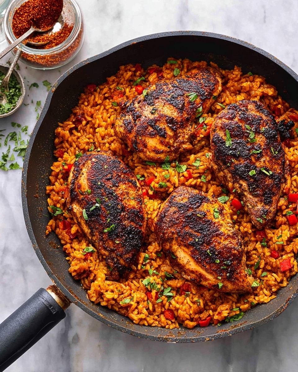 A black pan holds a dish with two main layers. The bottom layer is a bed of reddish-orange rice mixed with small pieces of red peppers, creating a textured and colorful base. On top, there are four large grilled chicken breasts with a dark char and smoky seasoning, giving them a rich brown color with some blackened spots. Small green herb pieces are sprinkled over the chicken and rice for a touch of freshness. The pan sits on a white marbled surface with some green herb bits scattered around, and part of a glass jar with a red spice and spoon is visible in the top left corner. photo taken with an iphone --ar 4:5 --v 7
