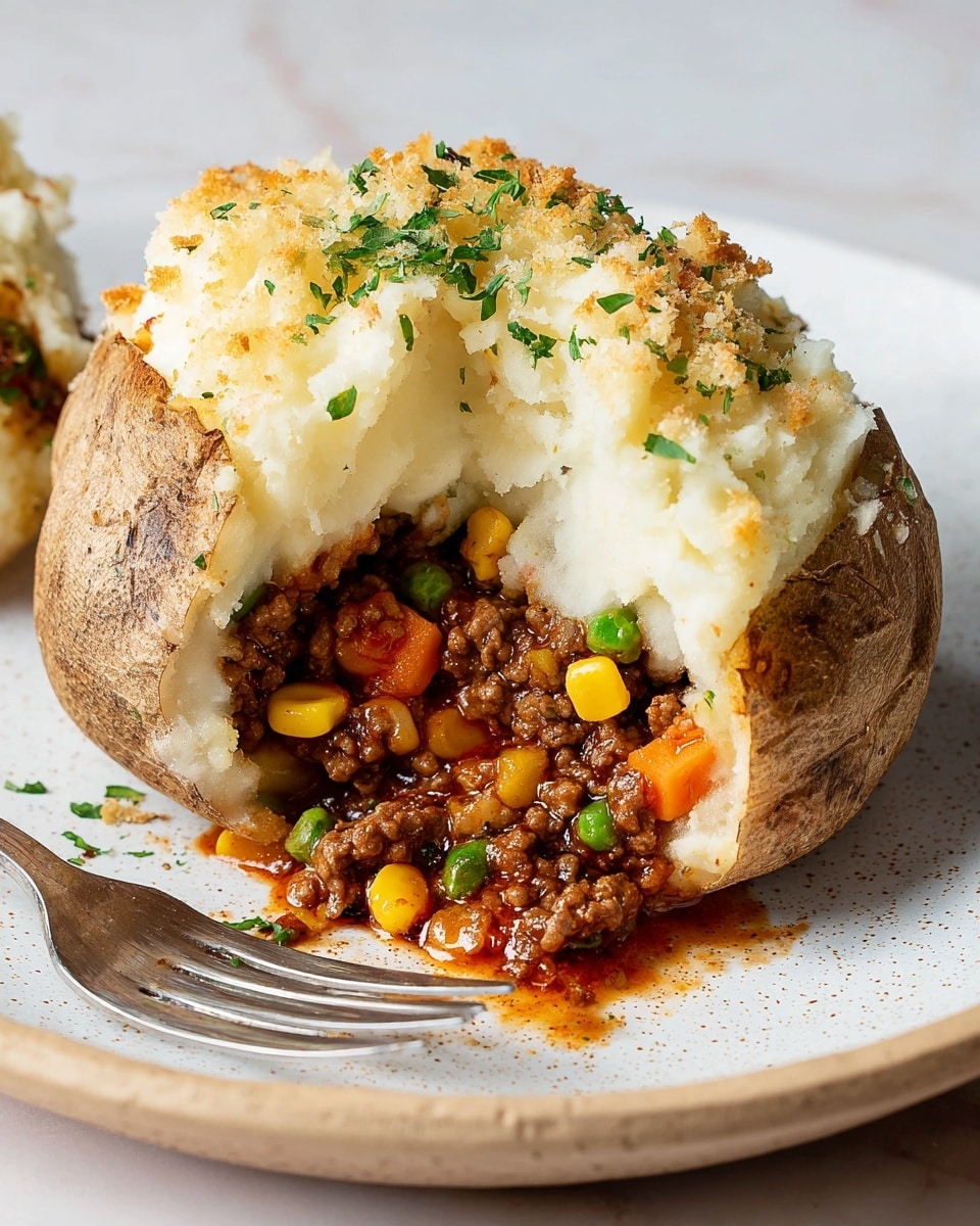 The image shows a baked potato cut in half, placed on a white speckled plate with a fork beside it. The potato skin is brown and rough, forming the bottom layer. Inside, a thick layer of mashed potatoes, white and fluffy with a crispy golden top sprinkled with green parsley leaves, forms the middle and top layers. Between the halves and spilling out is a rich, dark brown mixture of cooked ground meat, orange diced carrots, yellow corn, and green peas in a glossy sauce. The plate sits on a white marbled texture surface. Photo taken with an iphone --ar 4:5 --v 7