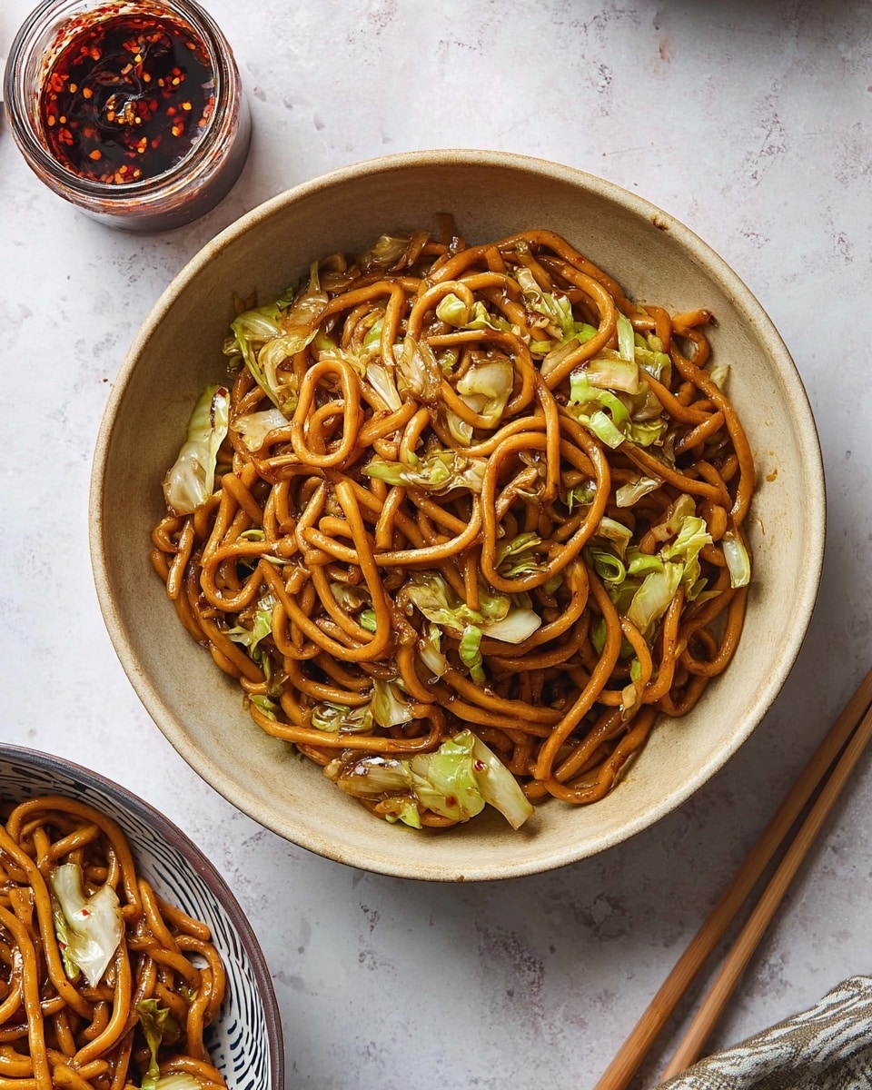 A bowl shows cooked noodles mixed with light green celery and pale white cabbage pieces. The noodles are thick and have a shiny, brown color from sauce, with the celery and cabbage layered evenly throughout. The bowl is white and sits on a white marbled surface. A bottle with a red label sits partially in the top left corner of the image. photo taken with an iphone --ar 4:5 --v 7