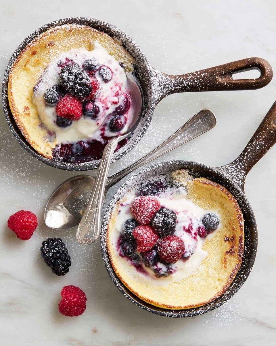 Two small cast iron pans each hold a single golden brown pancake dusted with powdered sugar. On top of each pancake is a generous swirl of creamy white and purple berry sauce, with fresh raspberries and blackberries placed on the sauce. One pan has two silver spoons resting on the edge, partially inside the pancake. Nearby on the white marbled surface are additional raspberries and a blackberry. The pans have dark, slightly worn handles that extend outwards. photo taken with an iphone --ar 4:5 --v 7