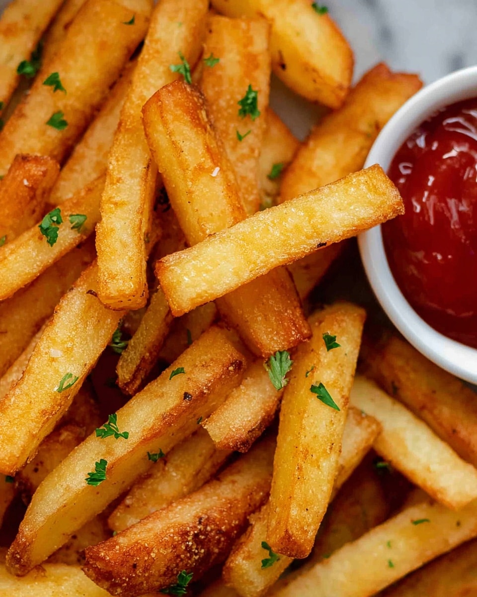 The image shows a close-up of thick golden fries with a crispy and slightly rough texture, scattered with a few small green parsley leaves on top. The fries have a light brown edge indicating they are well-cooked. On the bottom right, there is a white bowl filled with bright red ketchup, adding a glossy and smooth contrast to the rough fries. A single fry is dipped in the ketchup, making the colors pop against the white marbled background. photo taken with an iphone --ar 4:5 --v 7