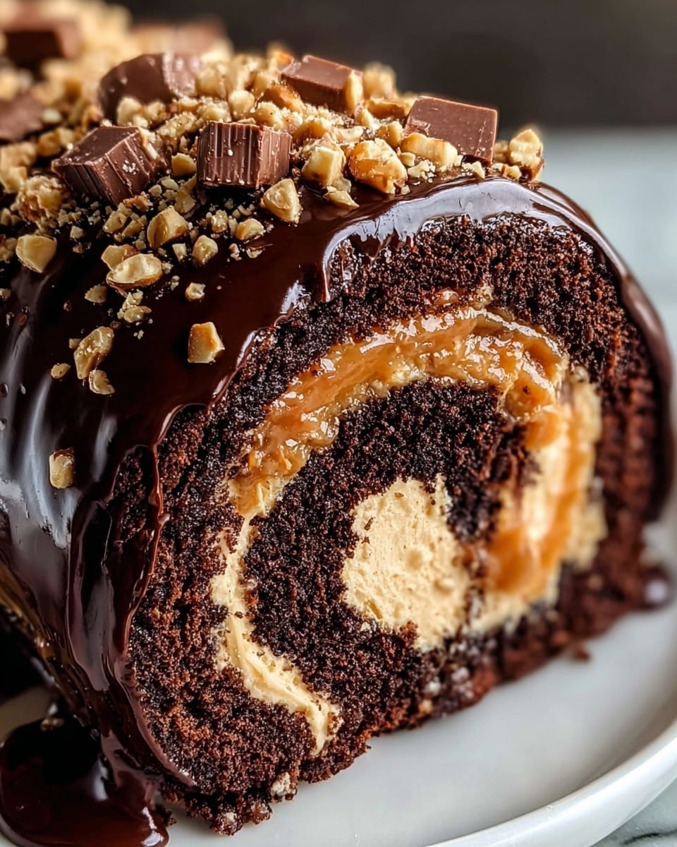 The image shows a close-up of a chocolate roll cake with three main layers: the outer layer is dark brown, moist chocolate cake, wrapped around a light beige, creamy filling with a smooth texture. The cake is covered in a shiny, thick, dark chocolate glaze that drips slightly down the sides. The top is sprinkled with small chunks of light brown nuts and pieces of chocolate, adding texture and contrast. The cake sits on a white plate, placed on a white marbled surface. photo taken with an iphone --ar 4:5 --v 7