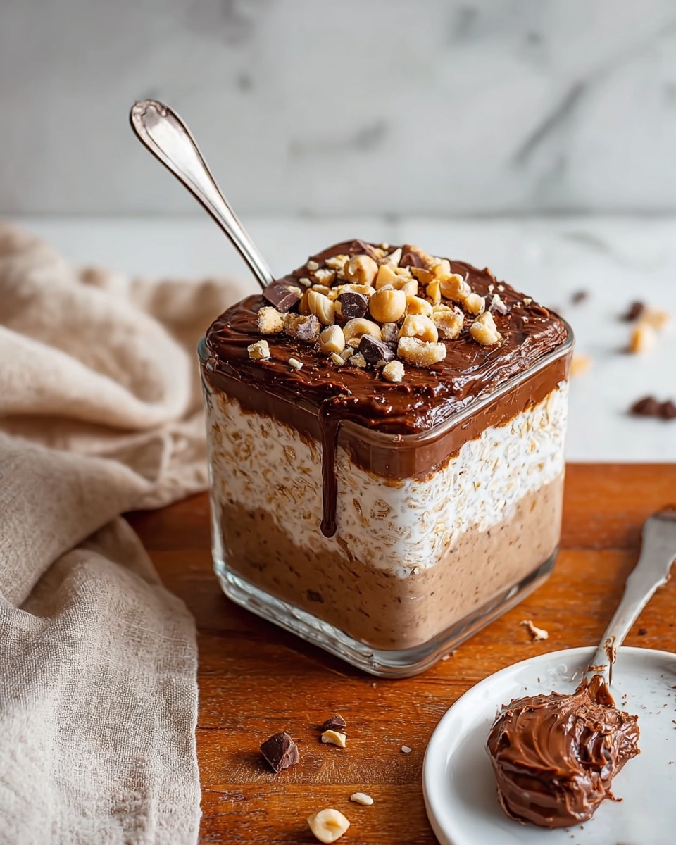 A square clear glass container shows a dessert with three layers: the bottom layer is light brown and creamy with small seeds, the middle layer is a thicker white mix with oats, and the top layer is a shiny dark chocolate spread topped with chopped nuts and small bits of chocolate. Some chocolate drips slightly down the side of the container. A metal spoon is inside the container, resting on the chocolate layer. In front, on a white plate, a spoon holds some chocolate spread and nuts. The scene is set on a wooden surface with a light beige cloth to the side, all on a white marbled texture background. Photo taken with an iphone --ar 4:5 --v 7