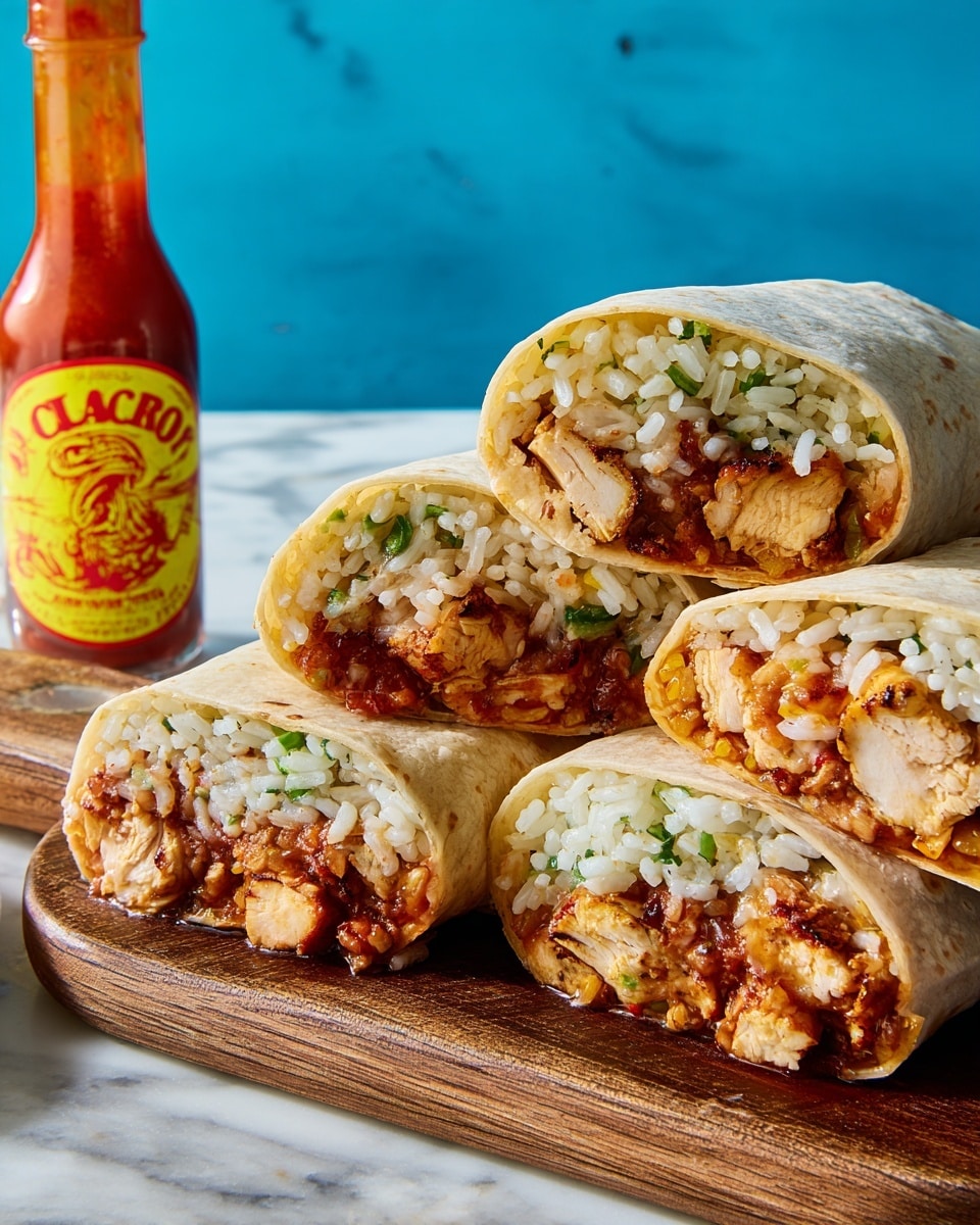 The image shows four burrito halves placed on a wooden board, each wrapped in a soft, light beige tortilla with some light brown spots. Inside, there are three visible layers: the bottom layer consists of chunky, well-seasoned grilled chicken pieces in brown and golden colors; the middle layer is filled with brown beans; the top layer contains fluffy white rice mixed with small green herbs. A bottle of red hot sauce is partially visible to the left, and the background features a blue textured wall with the burritos on a white marbled surface. Photo taken with an iphone --ar 4:5 --v 7