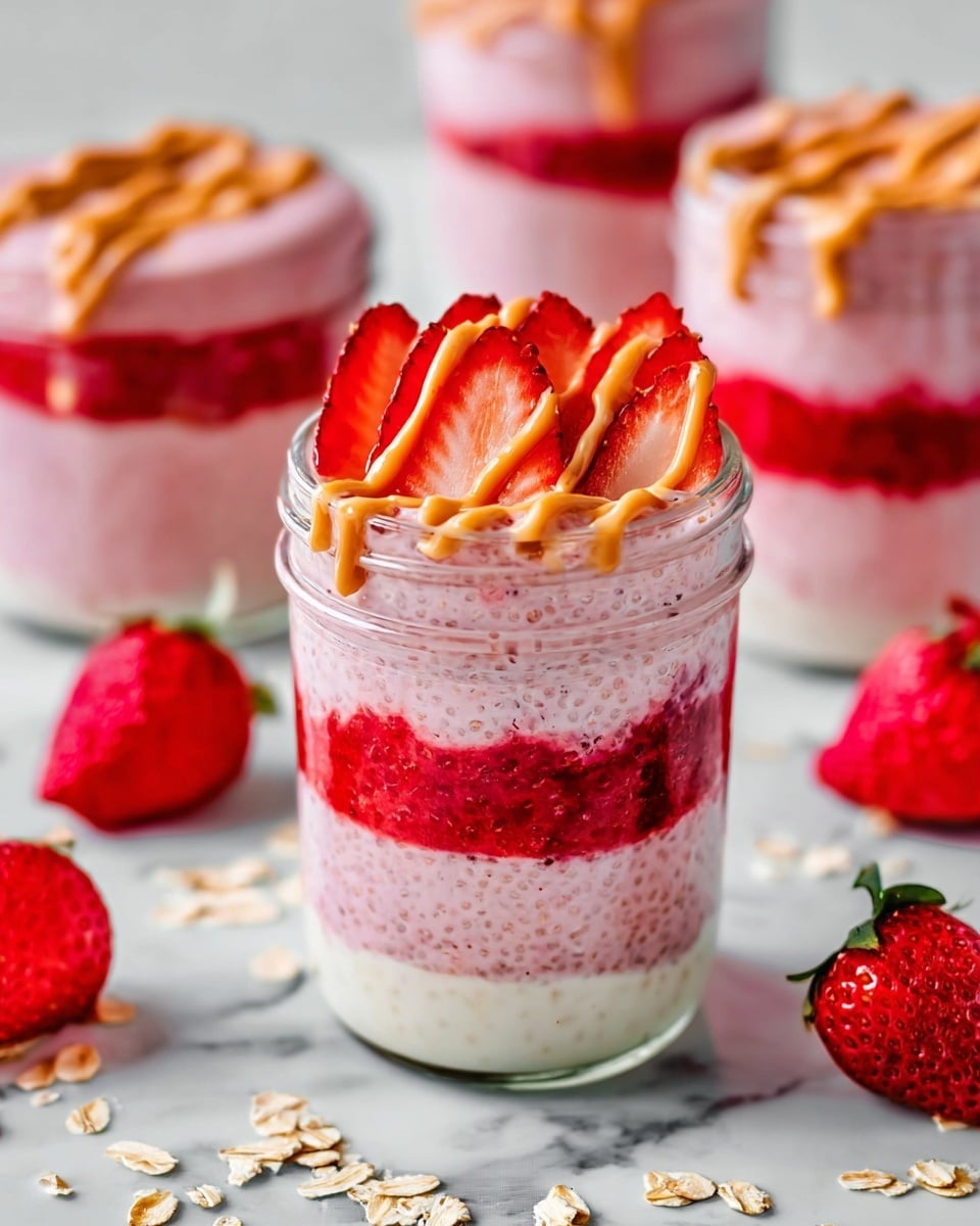 The image shows a clear glass jar filled with three distinct layers. The bottom layer is smooth and white, likely yogurt. Above this is a bright red layer of strawberry puree or jam, vibrant and slightly textured. The top layer is a thicker, pink mixture with tiny seeds, possibly strawberry chia pudding or yogurt. On top, sliced fresh strawberries are laid out, bright red with seeds visible, and an orange-brown drizzle, possibly peanut butter, zigzags over the strawberries. The jar is set on a white marbled surface with whole and sliced strawberries and some oat flakes scattered around. More similar jars are slightly blurred in the background. Photo taken with an iphone --ar 4:5 --v 7