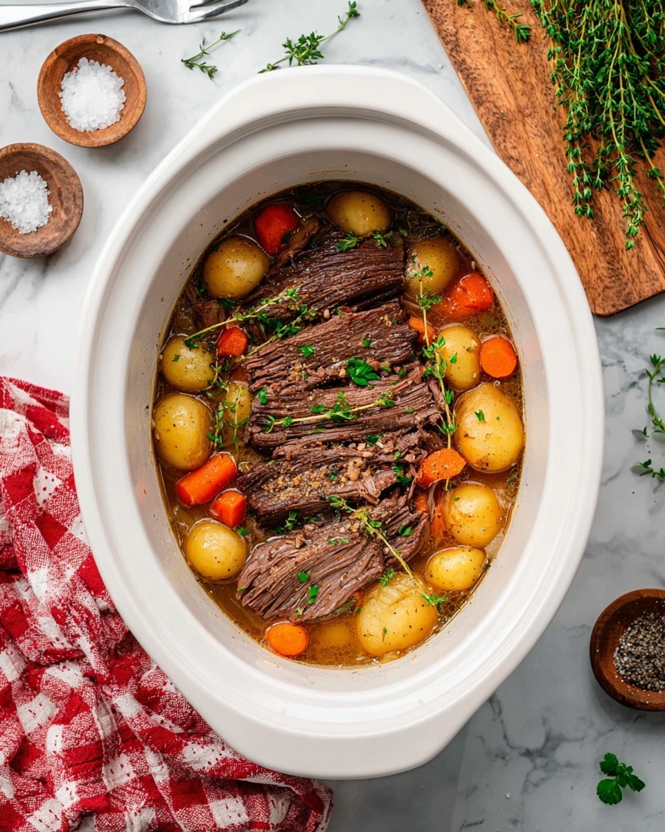 A white oval slow cooker filled with thick slices of dark brown cooked beef arranged on top, surrounded by small golden and orange baby potatoes and bright orange baby carrots in a light brown broth with visible cooked onions and herbs. The beef looks tender and juicy with fresh green parsley leaves and a small sprig of thyme layered on top. The cooker sits on a white marbled surface with a red and white checkered cloth, two forks on the left side, and small bowls of salt and pepper on a wooden board to the right, along with scattered fresh herbs. photo taken with an iphone --ar 4:5 --v 7