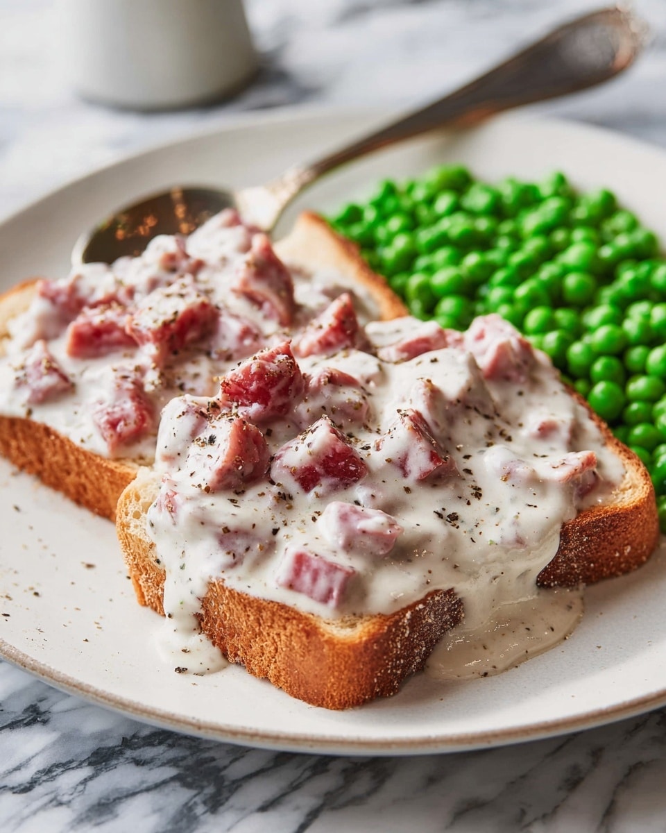 The dish shows two slices of toasted bread as the base layer, with a light brown, crispy texture. On top of the toast is a thick layer of creamy white gravy dotted with small pieces of pinkish-red meat, covered in specks of black pepper, creating a smooth and hearty look. To the side of the toast, there is a pile of bright green peas adding a fresh pop of color. A silver spoon rests on the edge of the toast partially covered by the gravy. All of this is served on a white plate placed on a white marbled surface. photo taken with an iphone --ar 4:5 --v 7