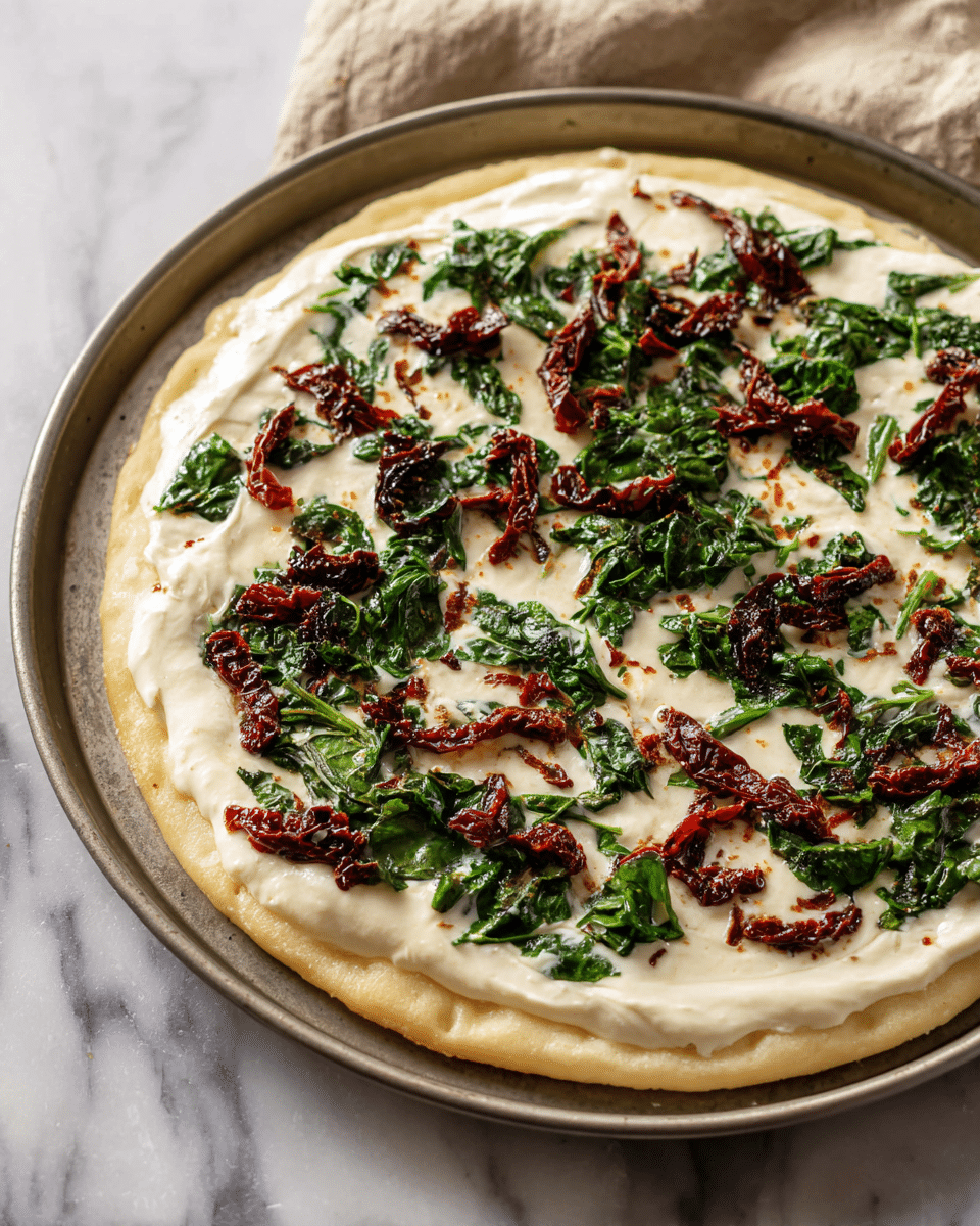A flat round pizza crust with a pale golden edge has one even layer of creamy white cheese spread smoothly over the top. Scattered on the cheese layer are pieces of dark green leafy spinach and small strips of deep red sun-dried tomatoes, creating a colorful contrast. The pizza sits on a round metal pan, placed on a white marbled surface with soft beige fabric slightly visible in the background. The photo taken with an iphone --ar 4:5 --v 7