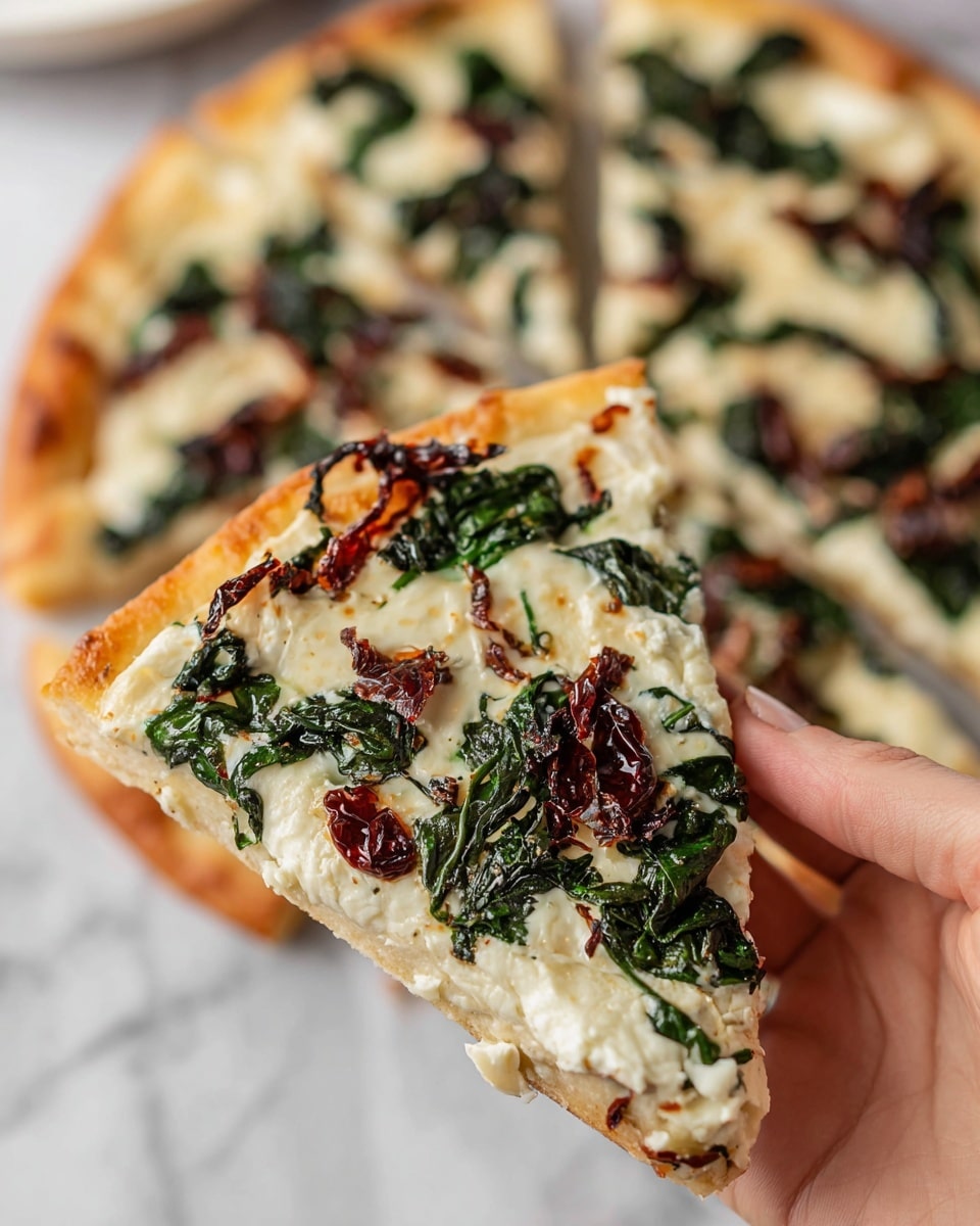 A slice of pizza is held by a woman's hand in the foreground, showing three main layers: a light golden-brown crust at the base, a thick even layer of creamy white cheese in the middle, and scattered dark green leafy spinach along with some dark red sun-dried tomatoes on top. The whole pizza, cut into slices, is on a white marbled surface in the background, slightly blurred. Photo taken with an iphone --ar 4:5 --v 7