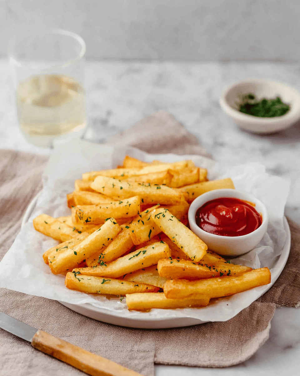 A white plate holds a single layer of thick golden fries, sprinkled lightly with green herbs, resting on white parchment paper; a small white bowl filled with red ketchup sits in the center-back of the plate. The plate is placed on a beige cloth on a white marbled surface. In the background, there is a clear glass with a light pale beverage and a small white bowl with green herbs. A wooden-handled knife lies on the marble surface in the foreground. Photo taken with an iphone --ar 4:5 --v 7