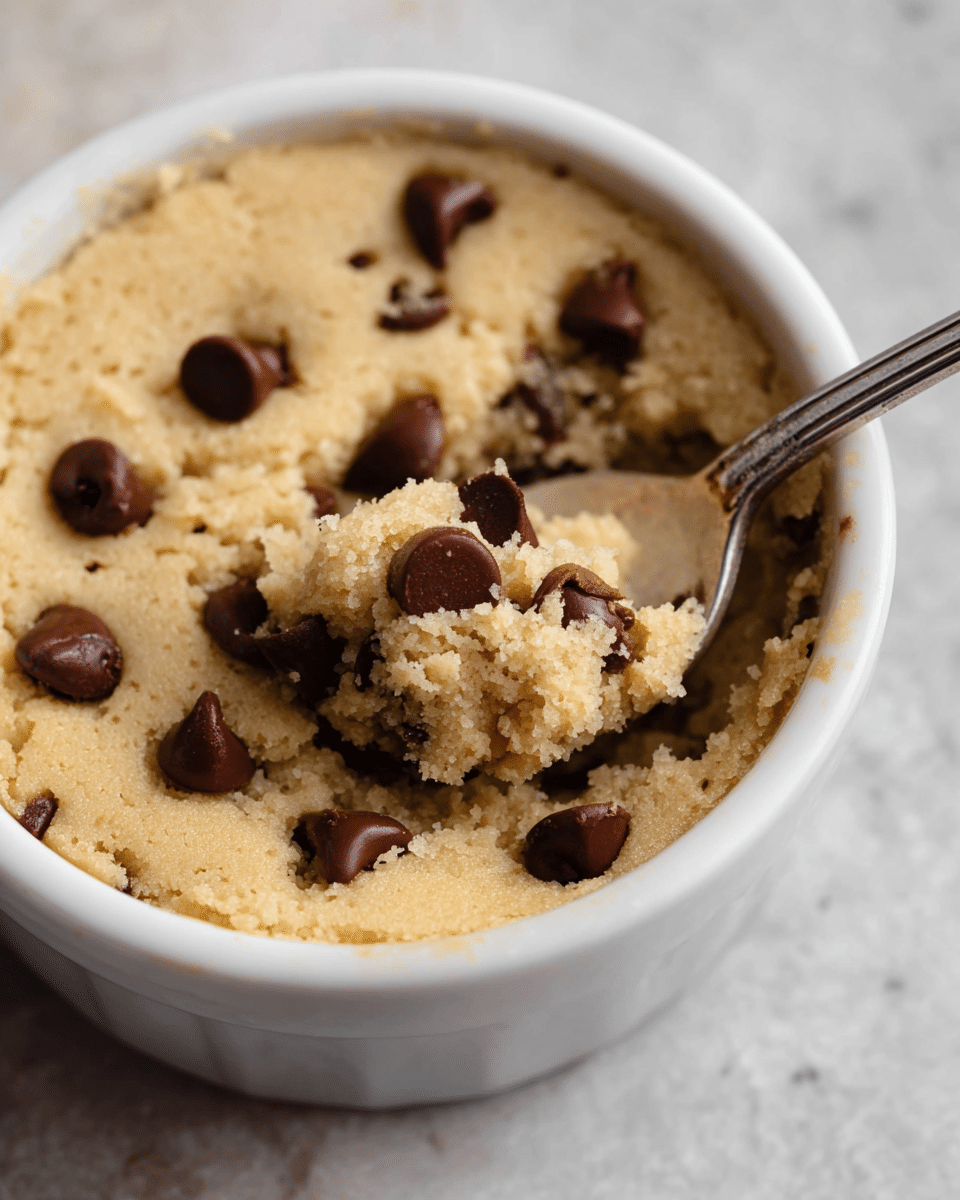 A close-up view of a cookie dough baked in a white round ramekin, showing a soft, light golden brown, crumbly texture with scattered dark shiny chocolate chips on top. A silver spoon inside the ramekin scoops out a portion of the dough, revealing the moist and dense consistency beneath the surface. The ramekin is placed on a white marbled texture surface, with the focus on the cookie dough and chocolate chips creating a warm, inviting look. photo taken with an iphone --ar 4:5 --v 7