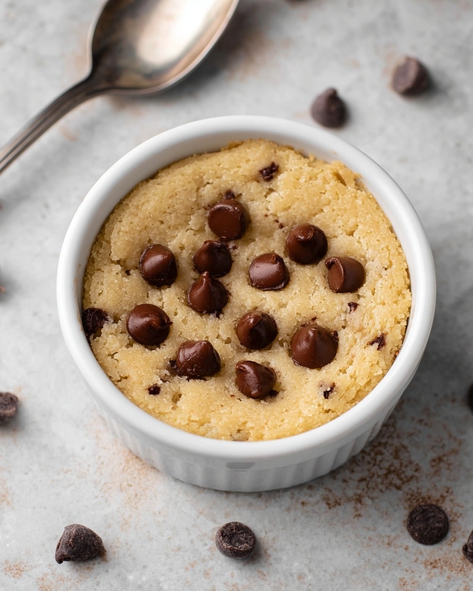 The image shows a single round white ramekin filled with a light golden-brown baked cookie dough base that has a soft, slightly crumbly texture. Embedded on the surface are seven glossy dark brown chocolate chips, unevenly spread across the top. The ramekin sits on a white marbled textured background, alongside scattered chocolate chips and a metallic spoon positioned to the left side of the ramekin. The overall look is warm and inviting, focusing on the freshly baked cookie in the ramekin. photo taken with an iphone --ar 4:5 --v 7