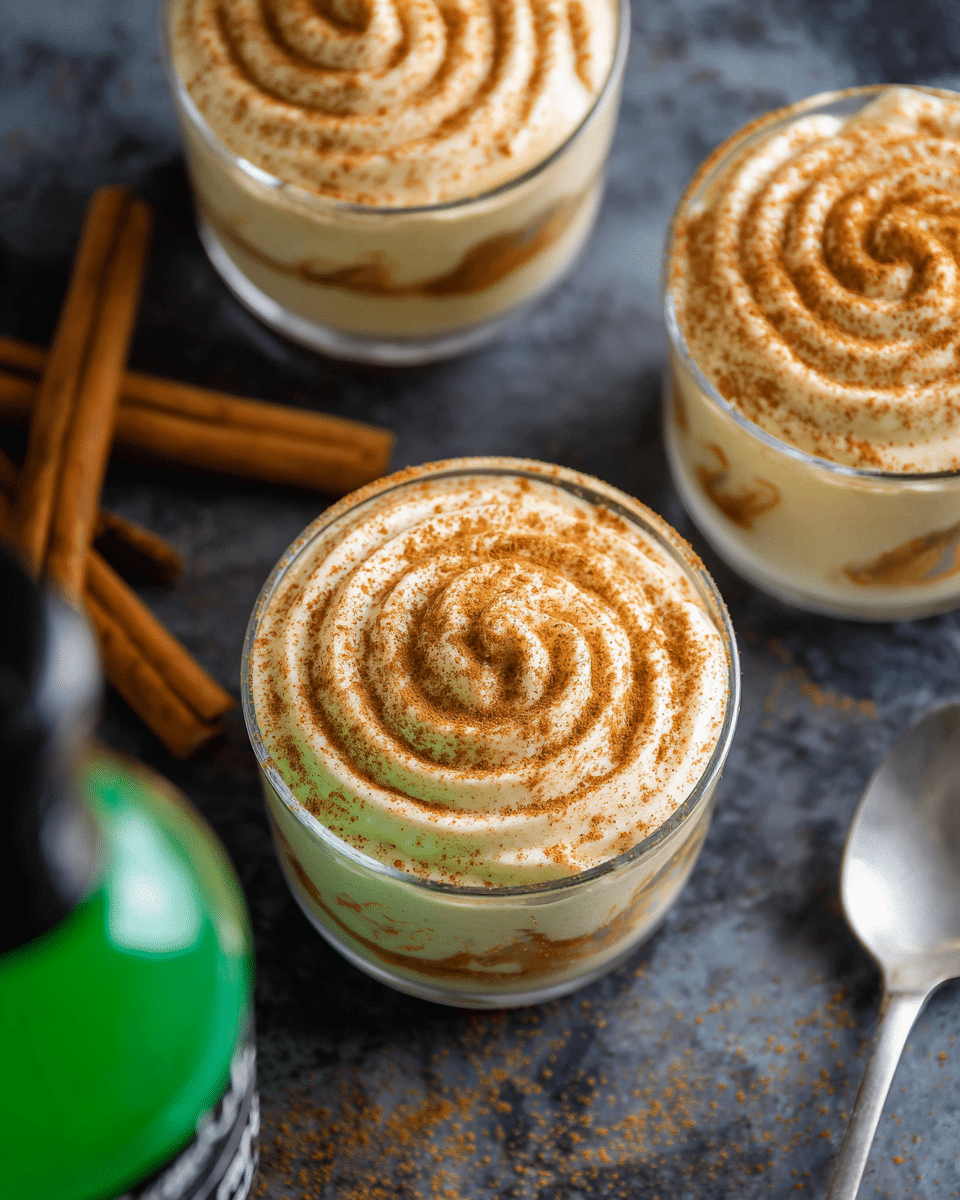 The image shows three small clear glass cups filled with a creamy, light orange-beige dessert swirled in a spiral pattern on top with a soft, smooth texture. Each swirl is sprinkled with fine cinnamon powder adding a darker brown contrast. The cups sit on a dark textured surface with cinnamon sticks and a green bottle partially visible nearby, with a silver spoon at the bottom right. The background has been changed to a white marbled texture. photo taken with an iphone --ar 4:5 --v 7
