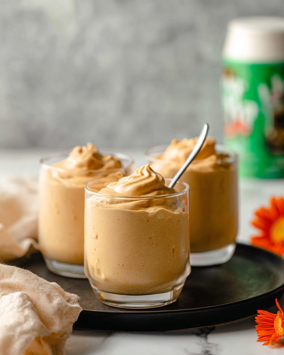 Three clear glasses filled with light brown, smooth mousse standing on a black round tray against a white marbled background. The mousse has a creamy texture with small swirls and soft peaks on top of each glass, with one glass having a silver spoon inside. In the background, a green and white container is slightly out of focus, adding a splash of color. There is also a small orange flower and a folded beige cloth nearby. photo taken with an iphone --ar 4:5 --v 7