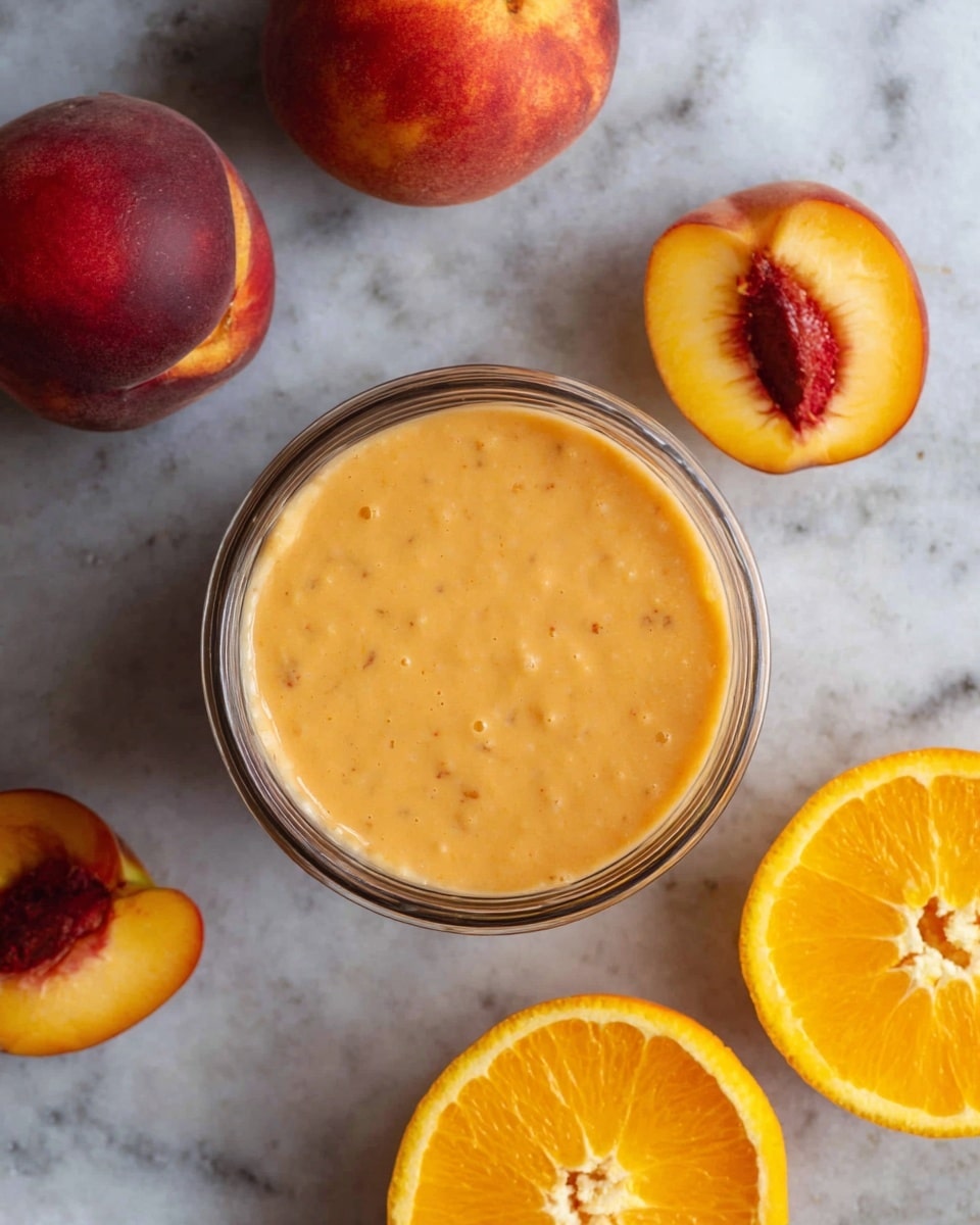 A top view of a blender container filled with a thick, smooth, pale orange peach smoothie with small bits of peach skin visible in the blend. Around the container, there are whole red and yellow peaches, one peach cut in half showing its pit, and two bright orange half oranges showing their juicy, segmented interior. All items rest on a white marbled surface. photo taken with an iphone --ar 4:5 --v 7