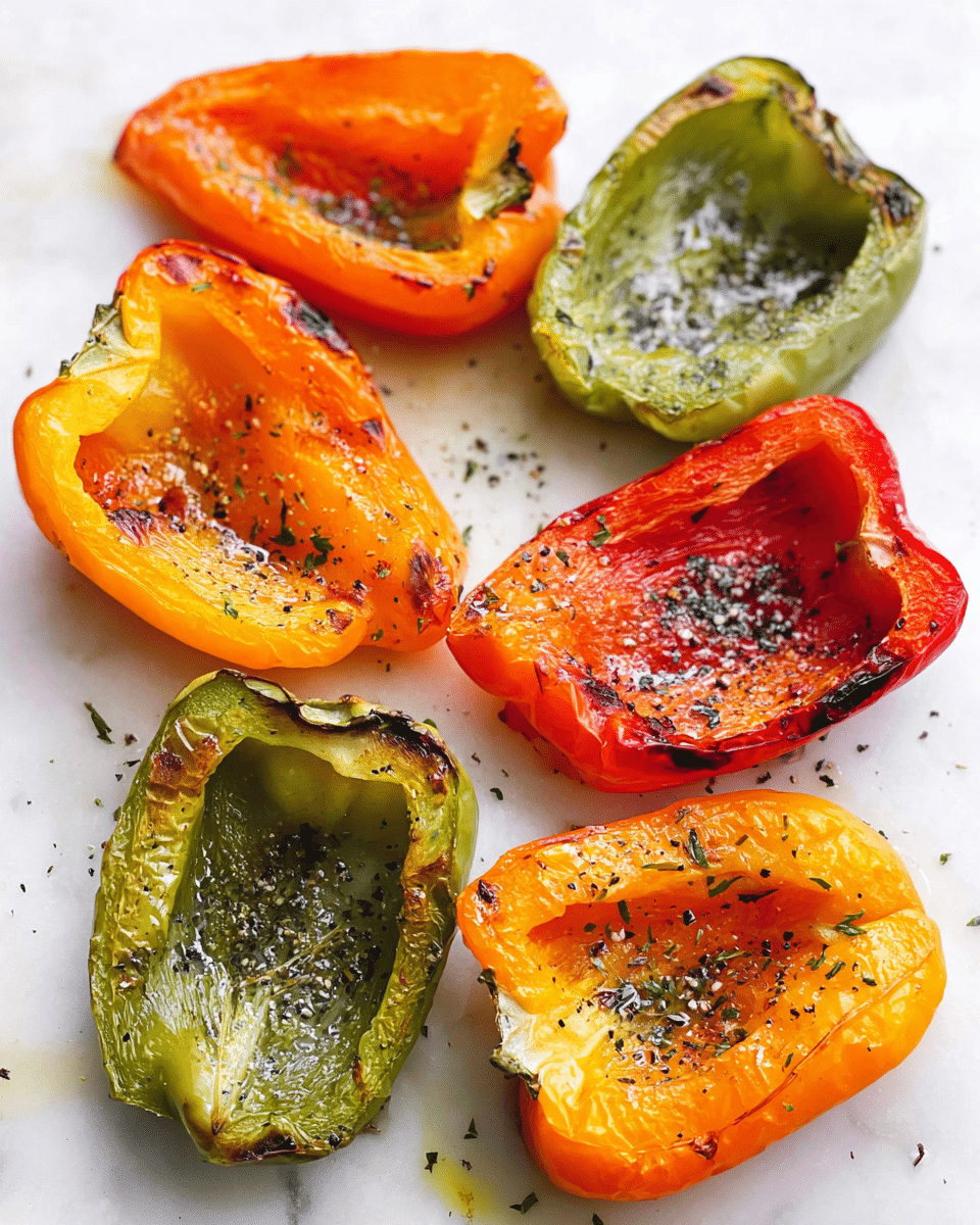 The image shows six grilled bell pepper halves placed on a white marbled surface. There are two green peppers, two orange peppers, and two red peppers, all with slightly charred edges and a glossy texture from olive oil. Each pepper half has a seasoning of black pepper and some herbs sprinkled on top. The peppers are spaced evenly, with their hollow sides facing up, revealing their soft and slightly wrinkled interiors. Photo taken with an iphone --ar 4:5 --v 7