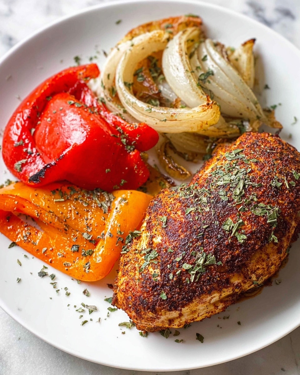A white plate on a white marbled surface holds a roasted chicken breast with a crispy, browned, and slightly spiced outer layer, sprinkled with green dried herbs. Next to the chicken, there are roasted vegetables arranged in a cluster: two slices of lightly charred onion rings with a translucent, soft texture, one piece of bright red roasted bell pepper, and one piece of orange roasted bell pepper, both with a slightly wrinkled and shiny surface, also sprinkled with herbs and black pepper flakes. The whole dish has a warm, appetizing look. photo taken with an iphone --ar 4:5 --v 7